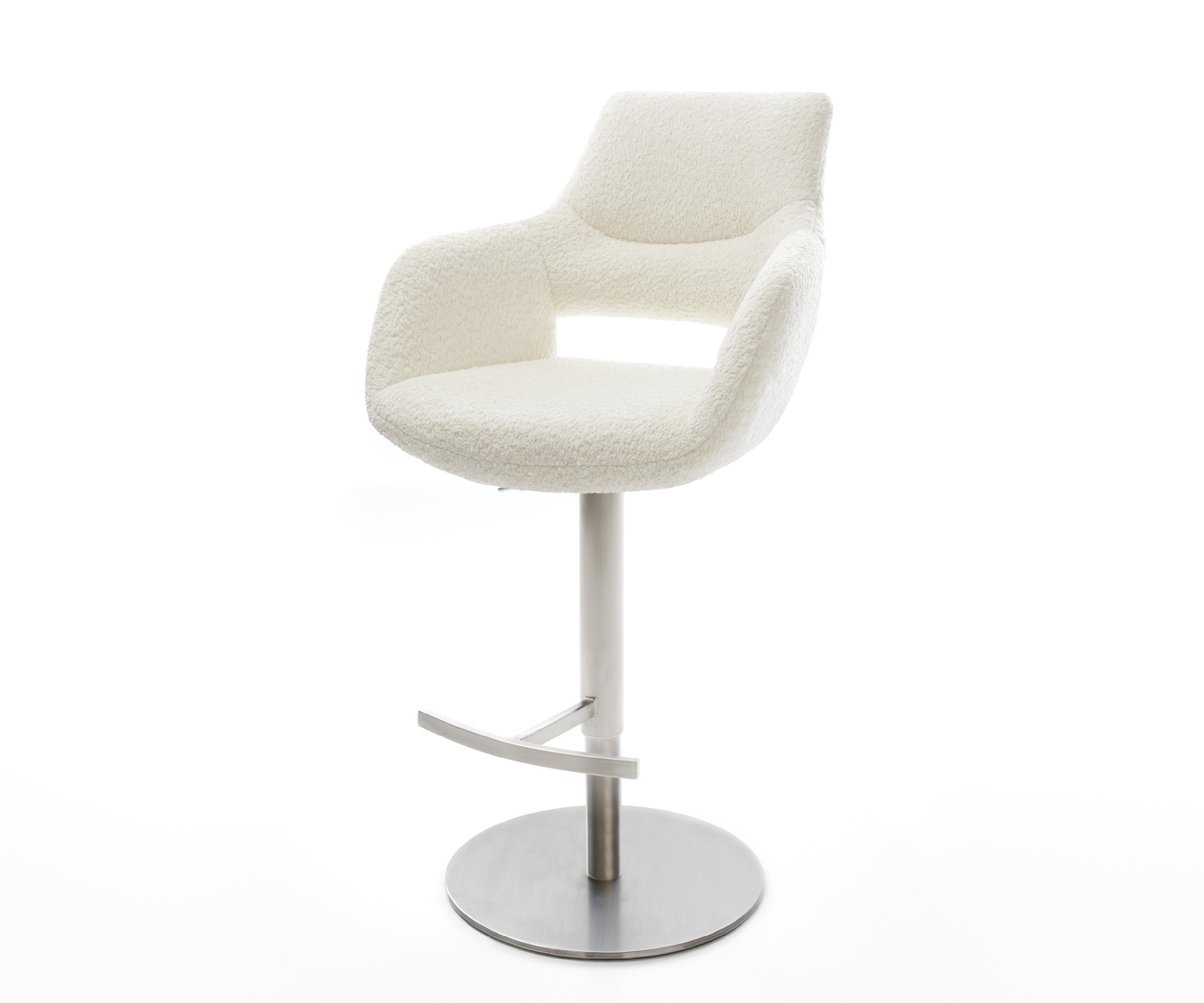 Chaise-de-bar Yago-Flex Bouclé Blanc Pied pivotant réglable en hauteur Acier inoxydable pivotant Ressorts ensachés Chaise-de-bar Yago-Flex Bouclé Blanc Pied pivotant réglable en hauteur Acier inoxydable pivotant Ressorts ensachés