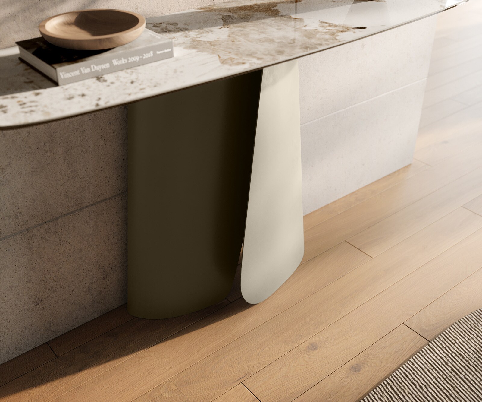 Console Edge forme bateau 140x40 cm Céramique Minas Melange Weiß-Beige Livos Métal Effektfinish Titan 5