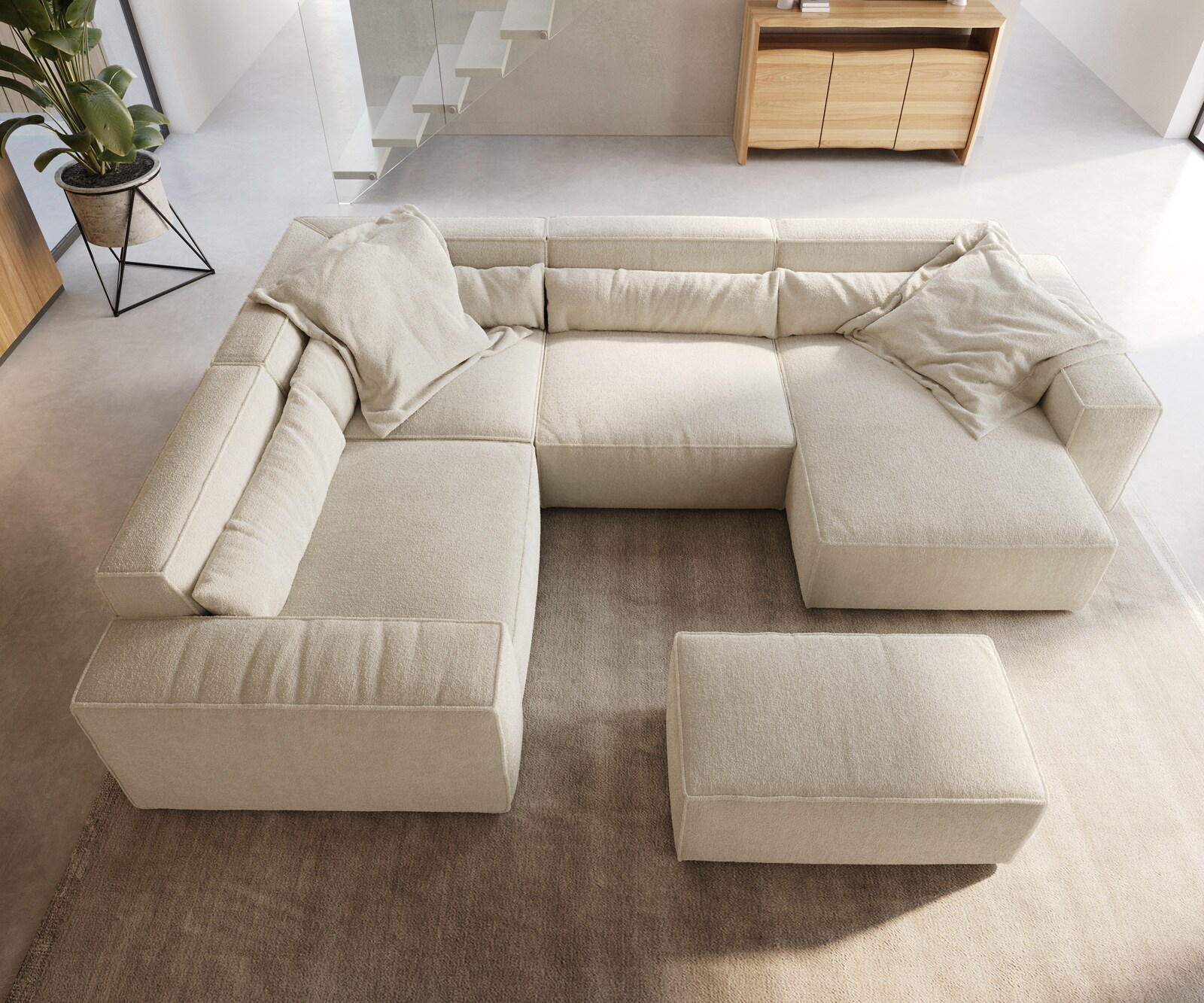 Canapé panoramique Sirpio 300x200 cm Bouclee Crème-blanc Recamiere variable avec Tabouret 4