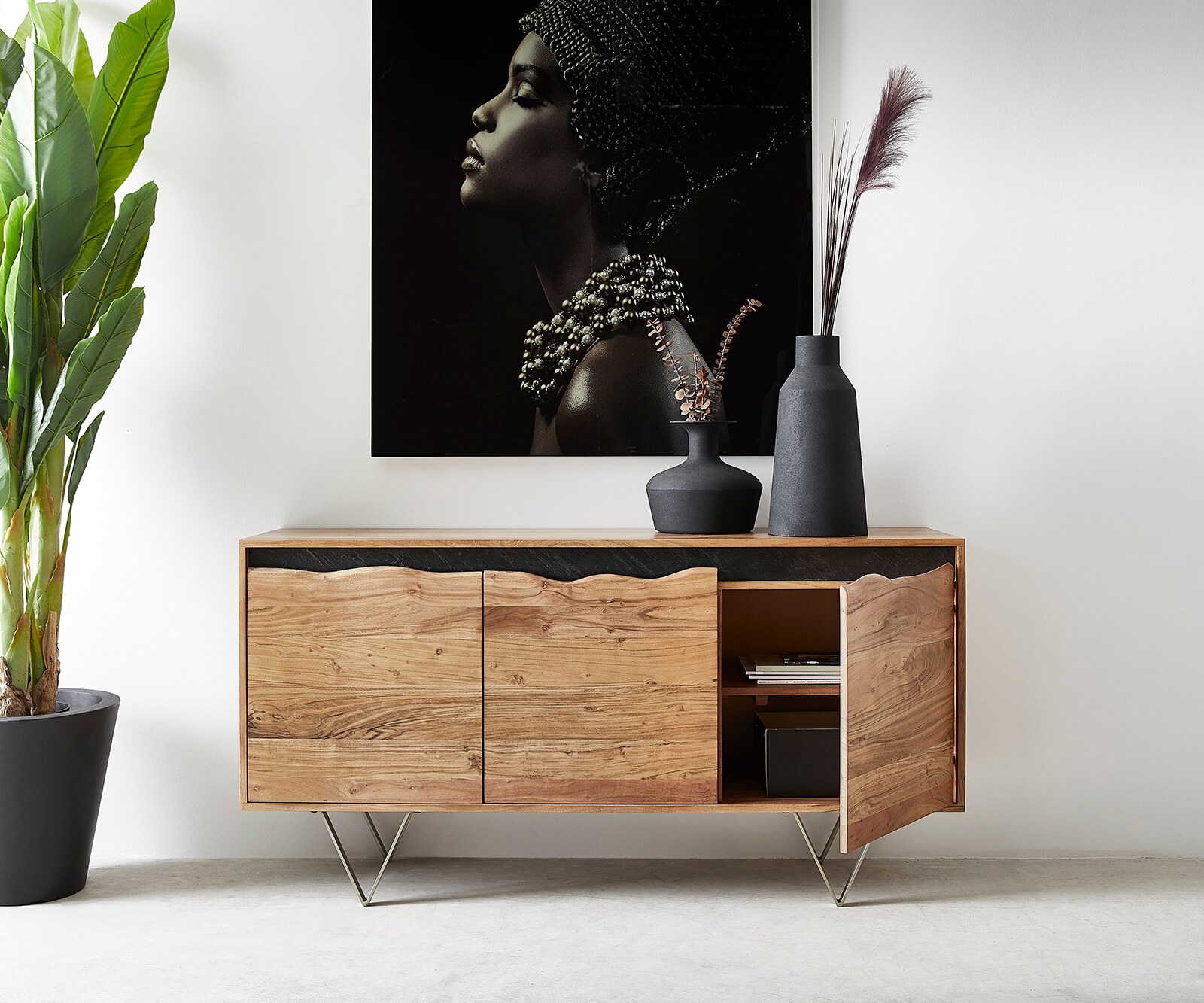 Buffet Stonegrace 147x45 cm acacia nature 3 portes  tronc d'arbre 3