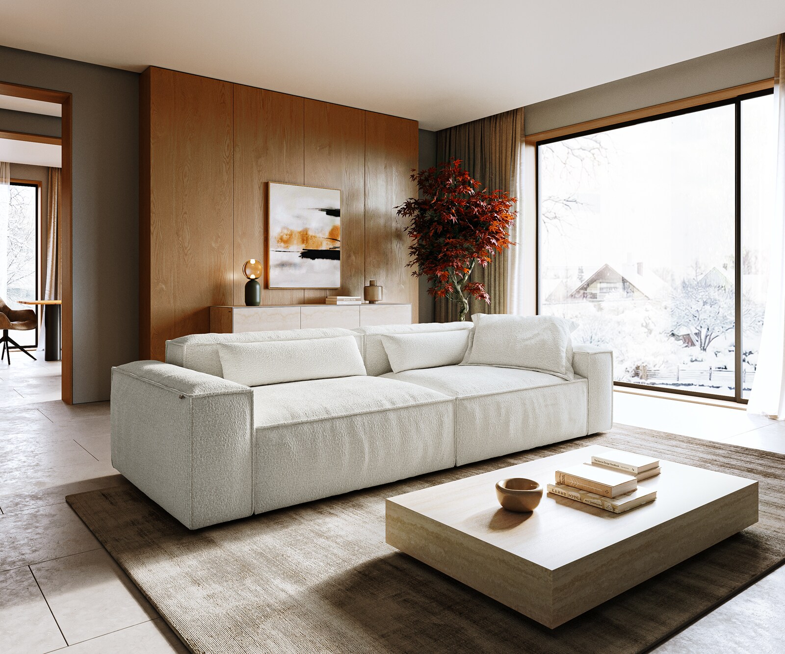 Bigsofa Freestyle 280x110 cm Bouclé Crème-blanc couture passepoilée 1