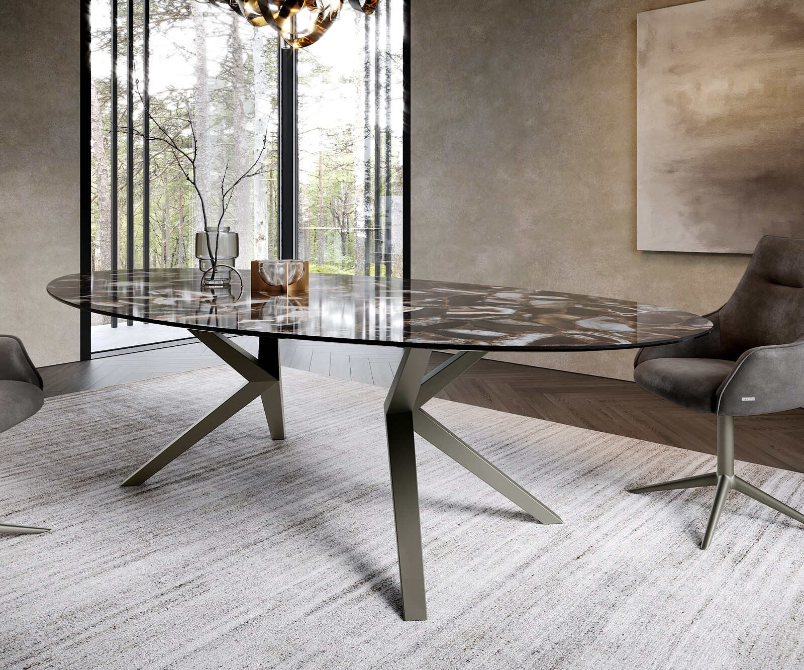 Table à manger Edge Ovale 280x130 Céramique Iris FMG Agatablack Zenthara anguleux Métal finition à effet Titane 5