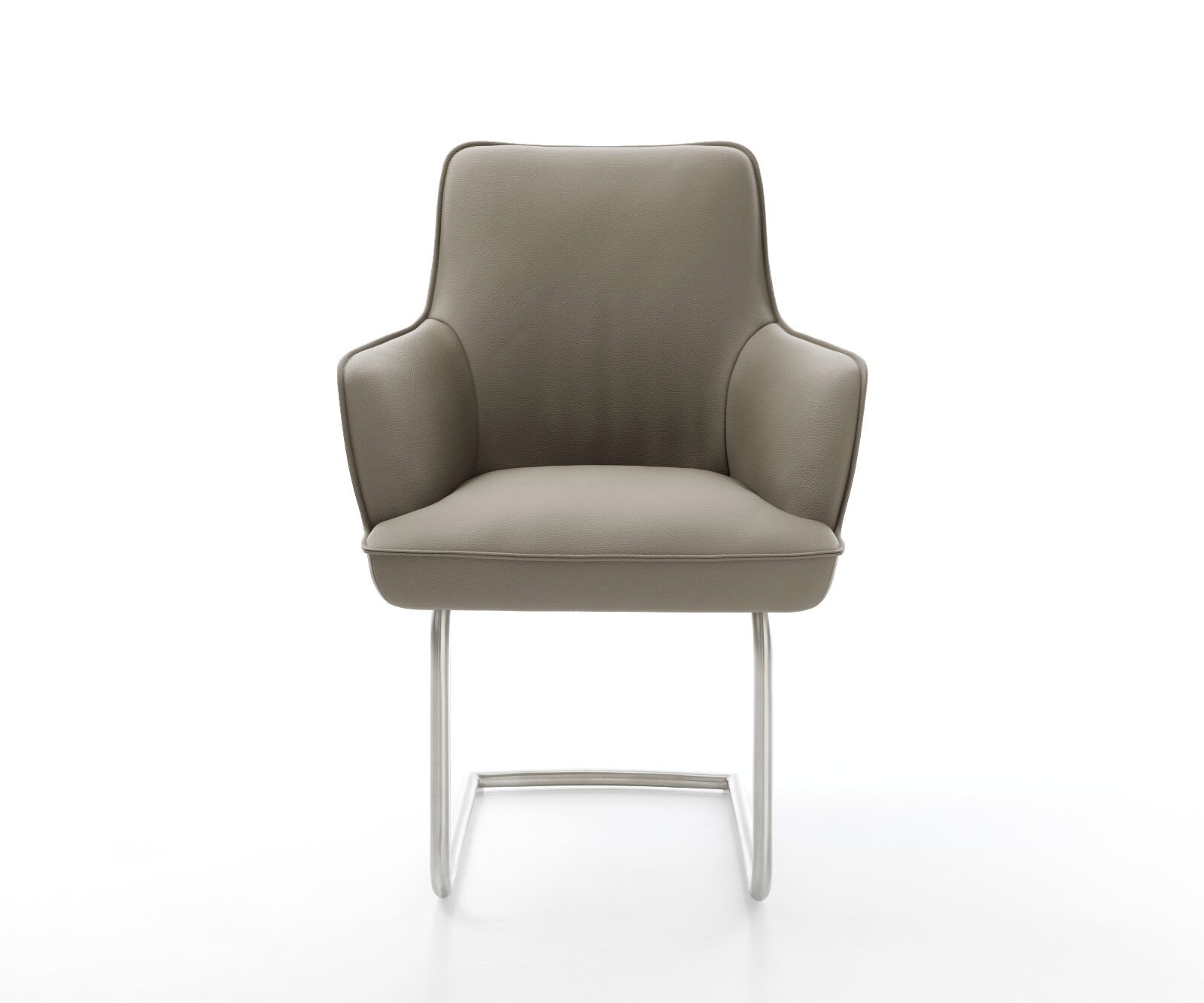 Cantilever Heira-Flex avec accoudoirs cuir de vache couleur boue pied cantilever rond acier inoxydable brossé ressorts ensachés 2
