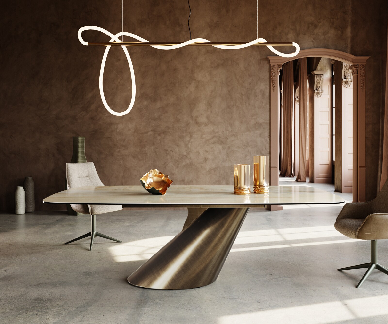 Table à manger Edge Boot 240x120 céramique Iris FMG Onice Oro Cono métallique doré 2