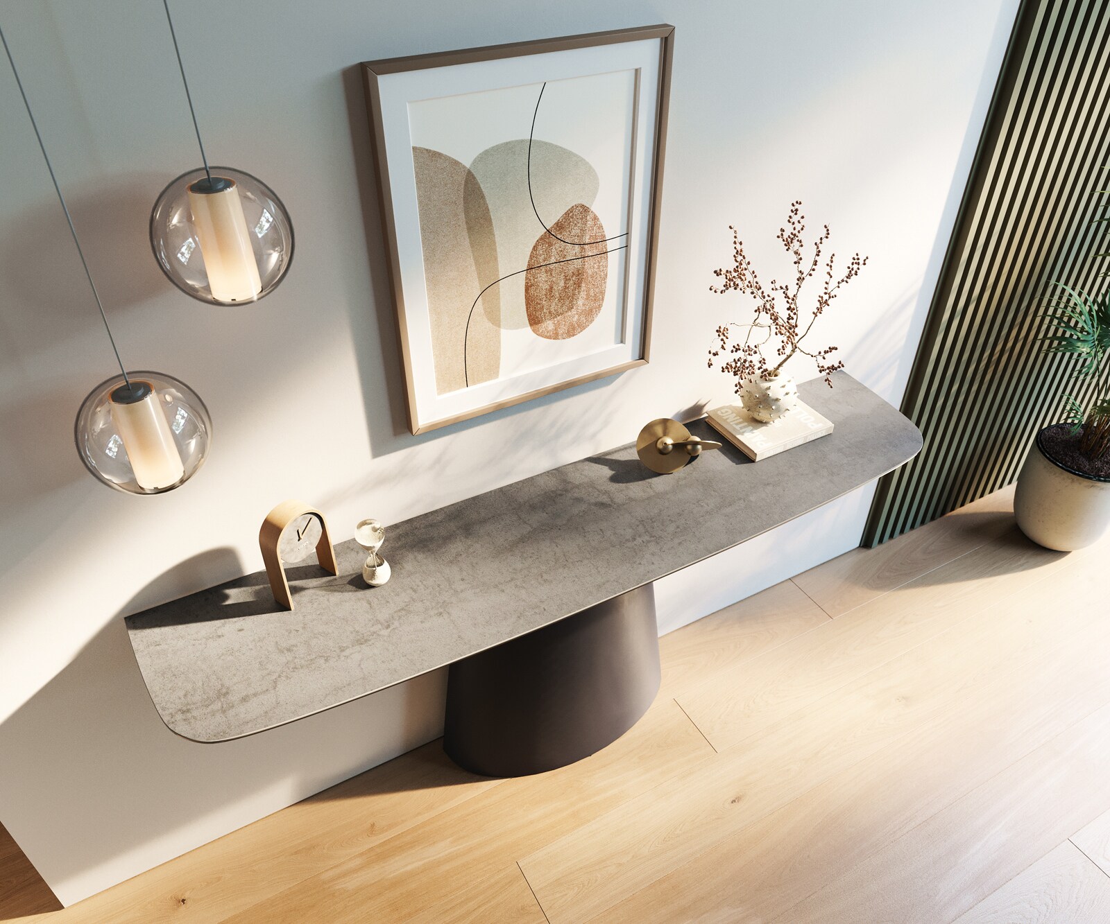 Console Edge forme bateau 180x40 cm Céramique Gris béton Conos Métal Noir 4