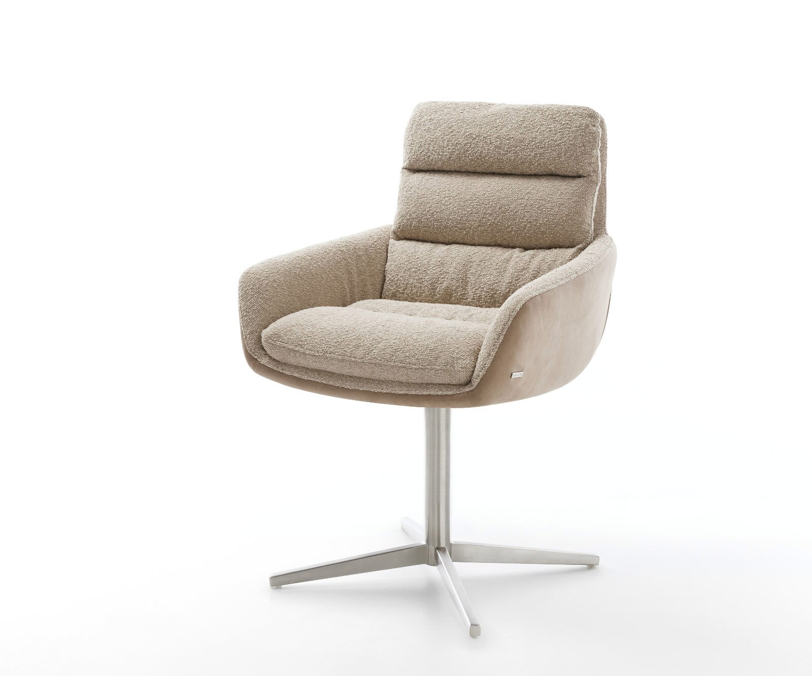Chaise-pivotante Abelia-Flex avec accoudoirs tissu mixte couleur boue pied de chaise 4 branches acier inoxydable brossé pivotement sur 360°