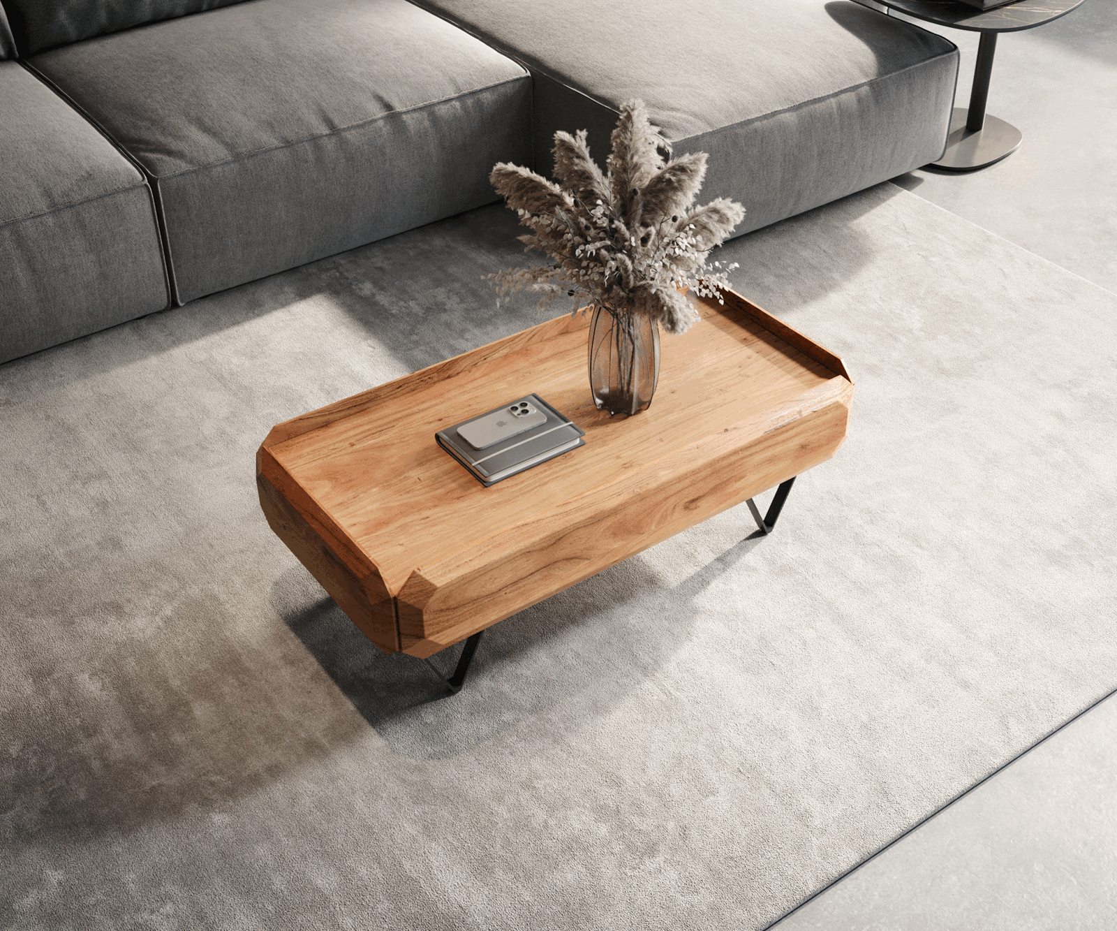 Table-basse Kiano 100x50 cm acacia naturel 2 tiroirs pied en V noir 3