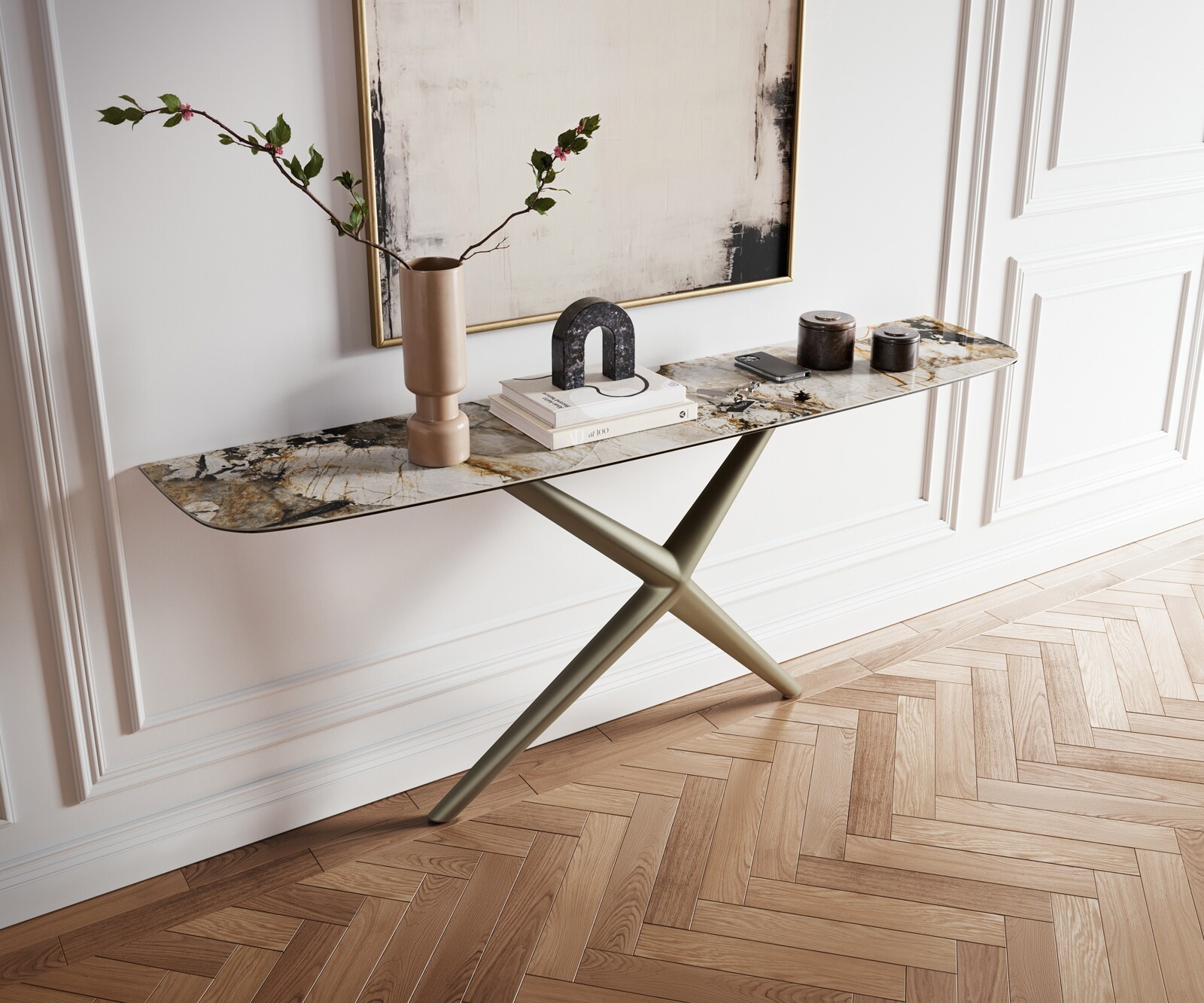 Console Edge forme bateau 180x40 cm Céramique Patagonia Poliert Estelo Métal Effektfinish Titan 4