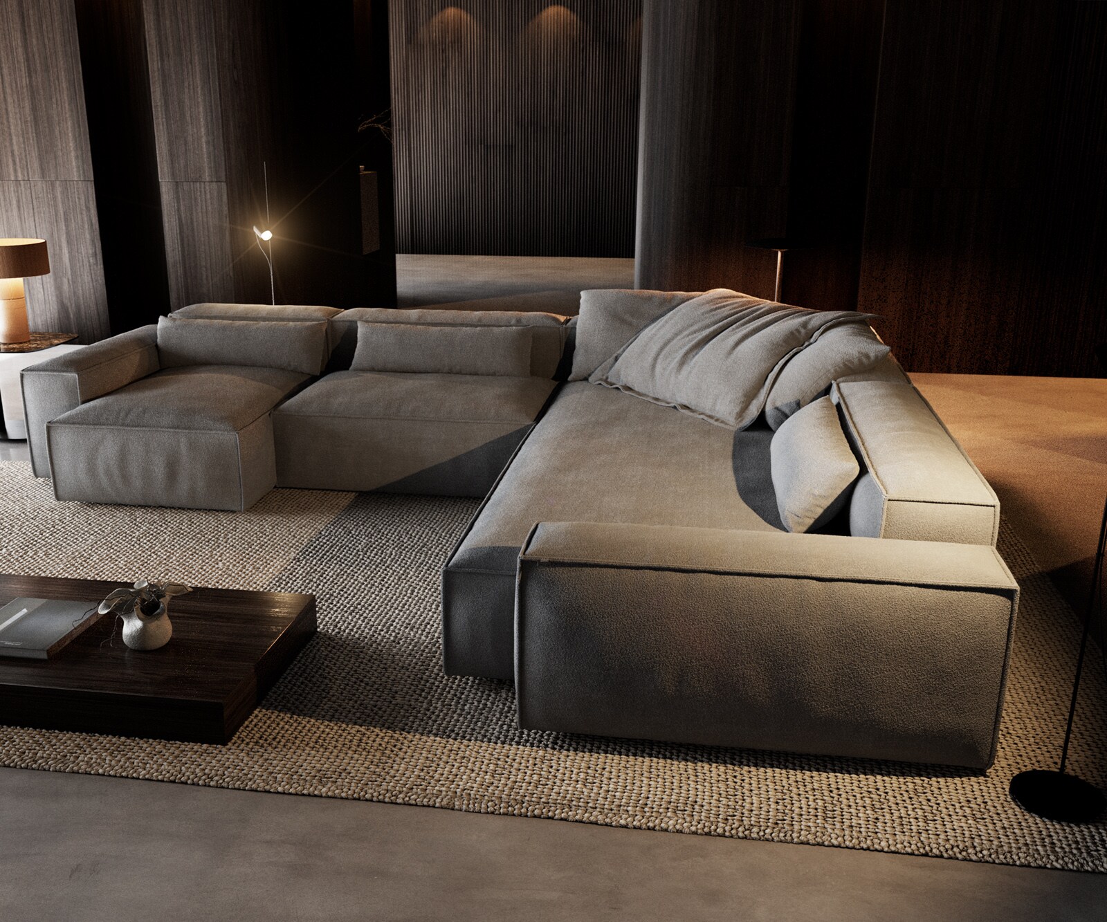 Canapé panoramique Freestyle 360x290 cm Tissu structuré doux Gris couture passepoilée 4