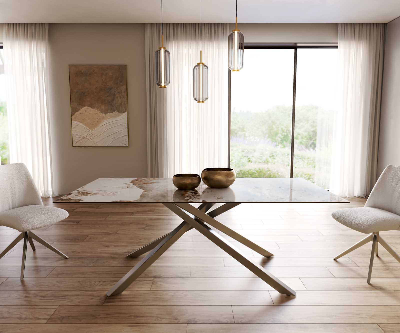 Table à manger Edge 200x100 céramique Minas mélange blanc-beige cadre croisé rectangulaire acier inoxydable 1 Table à manger Edge 200x100 céramique Minas mélange blanc-beige cadre croisé rectangulaire acier inoxydable 1