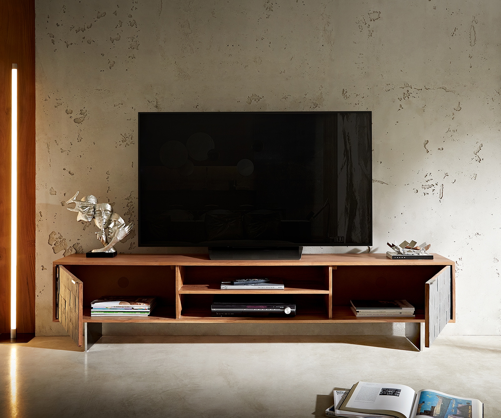 Meuble-TV Teele 200 cm acacia naturel ardoise 2 portes pied flottant inoxydable 3 Meuble-TV Teele 200 cm acacia naturel ardoise 2 portes pied flottant inoxydable 3