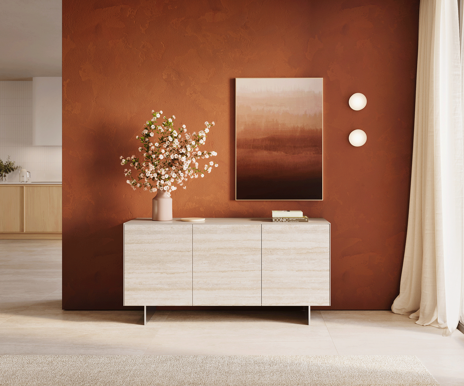 Buffet Cuor 150 cm Céramique Laminam® Travertino Bianco Crème-blanc 3 Portes Pied optique flottant Ancier inoxydable 2