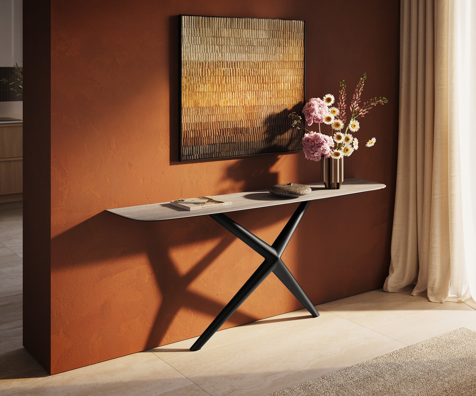 Console Edge forme bateau 180x40 cm Céramique Laminam® Travertino Bianco Creme-Weiß Estelo Métal Noir 2