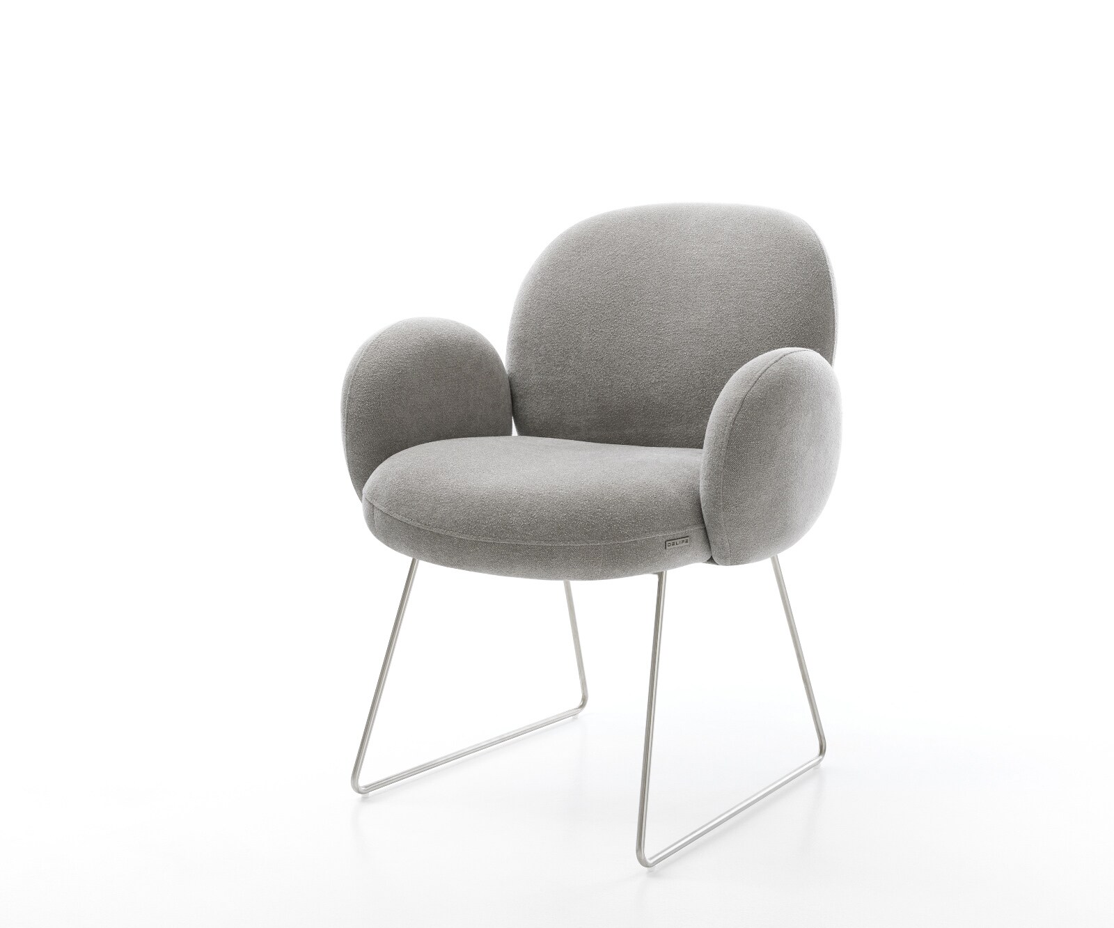 Chaise-de-salle-à-manger Nube-Flex avec accoudoirs tissu structuré doux gris pied trapèze acier inoxydable resorts ensachés 1