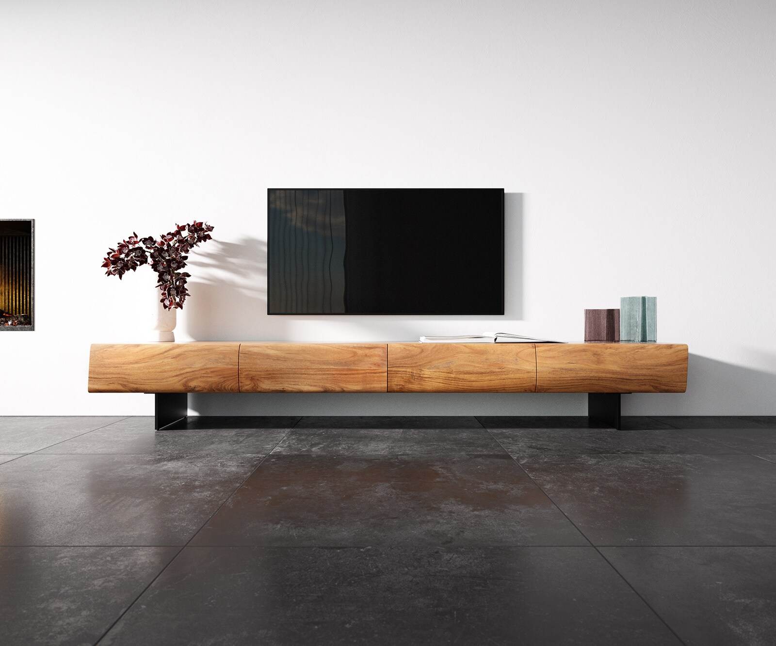 Meuble-TV New Live-Edge 240 cm acacia naturel 4 tiroirs pied flottant métal noir 3