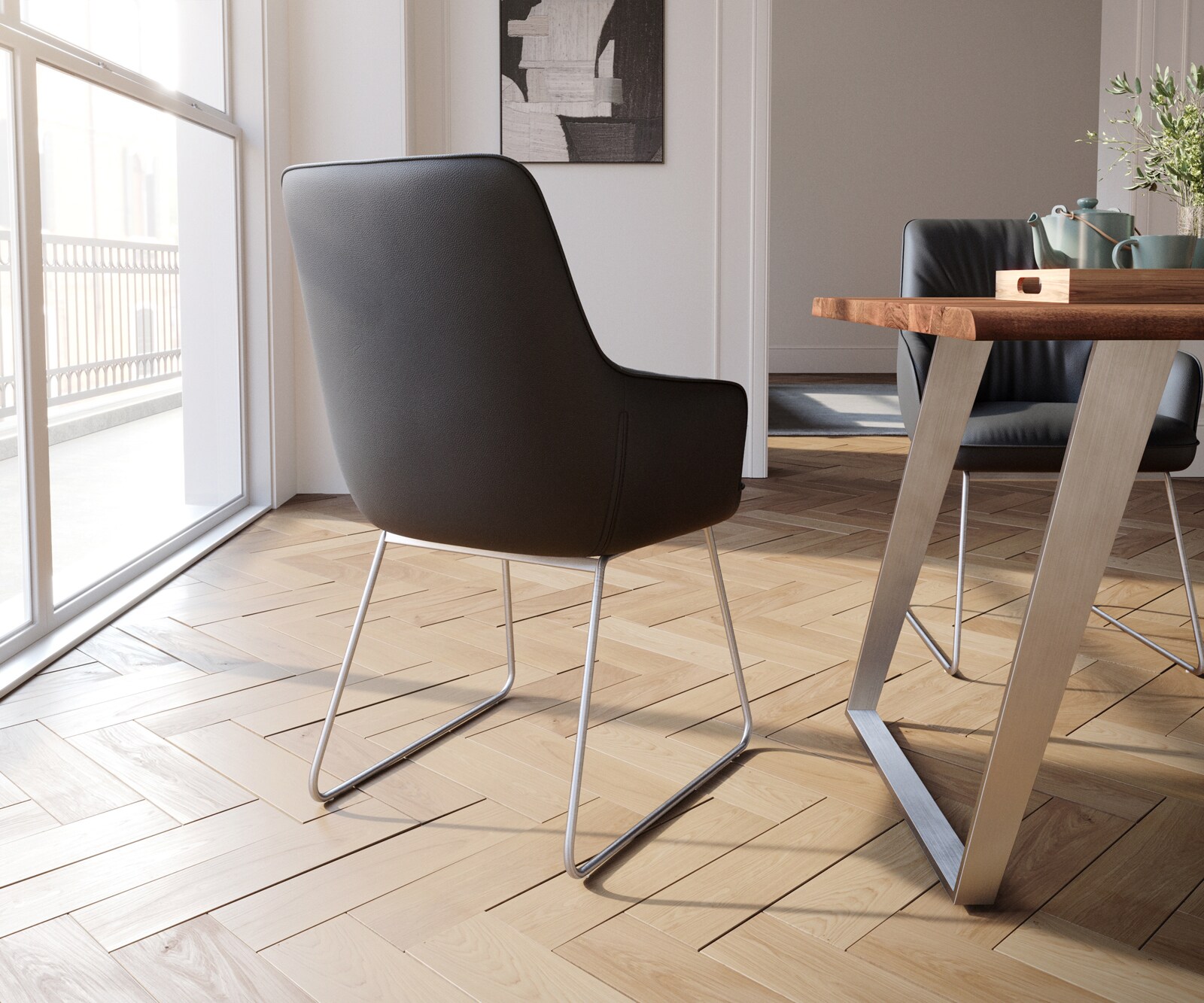 Chaise-de-salle-à-manger Zelia-Flex avec accoudoirs cuir de vache noir pied trapèze acier inoxydable brossé ressorts ensachés 4