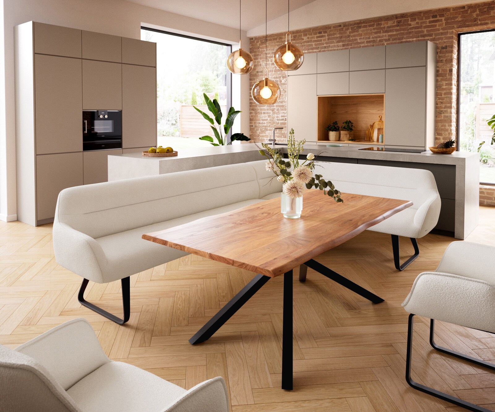 Banc-de-salle-à-manger Taya-Flex 285x190 cm bouclé crème-blanc châssis à patins plat noir ressort ensaché liens 1