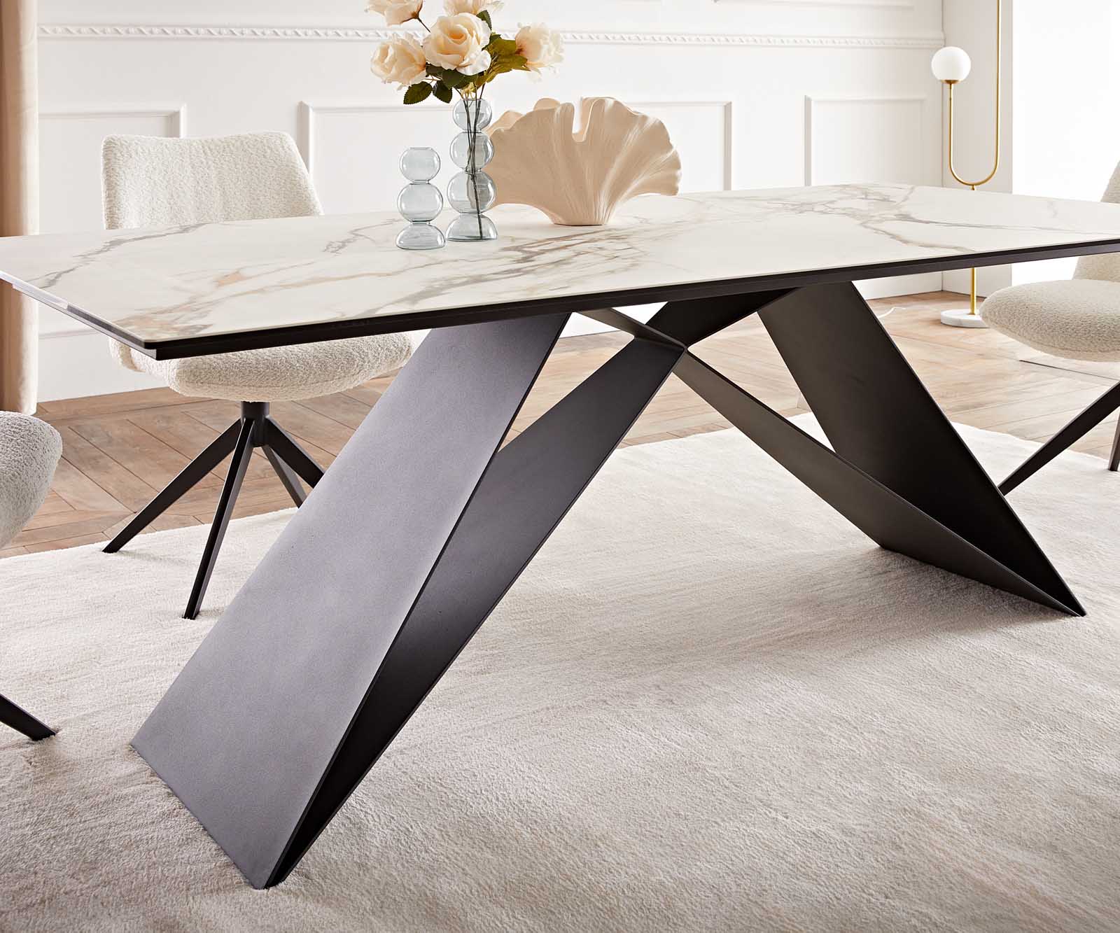 Table à manger Edge 200x100 céramique Calacatta Luxe blanc-doré-gris cadre en V acier plat noir 6