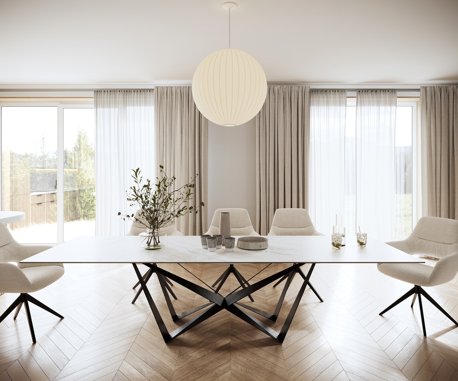 Table-à-manger Edge 300x100cm Laminam® céramique blanc pieds milieu acier plat noir