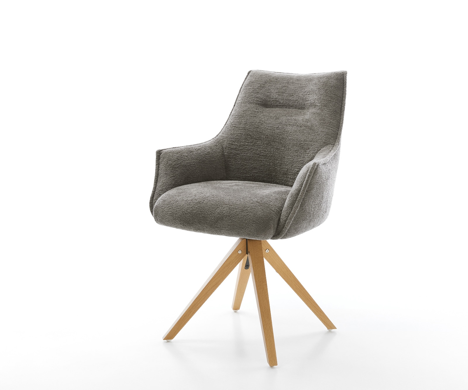 Chaise-pivotante Alja-Flex avec accoudoirs bouclé doux couleur boue pied en bois angulaire naturel pivotement sur 180° resorts ensachés