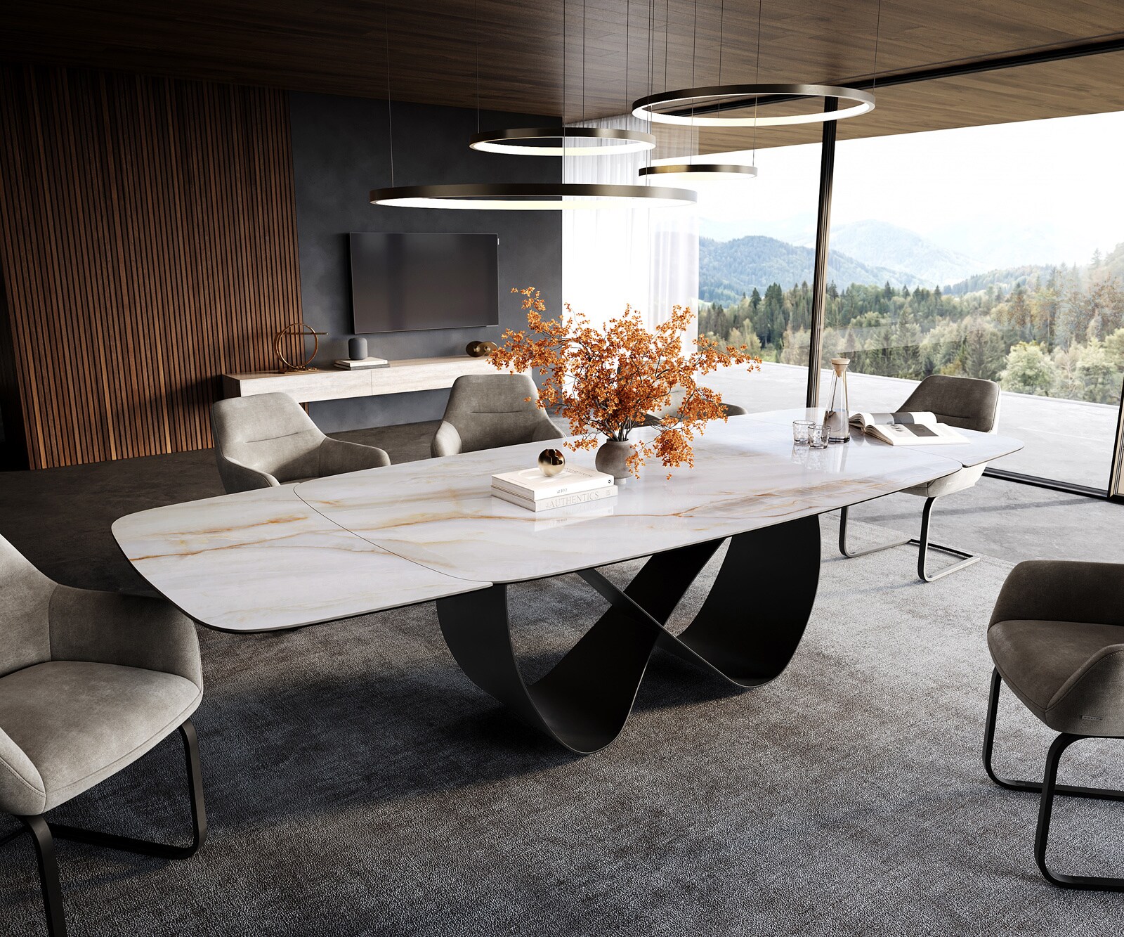 Table à manger Edge Boot 200-300x120 cm Céramique Onyx Pearl Infinity Métal Noir extensible 1
