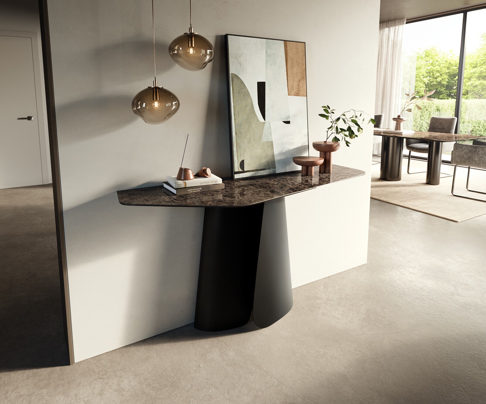 Console Edge Polygonal 140x50 cm Céramique Emperador Extra Lucidato Dunkelbraun Livos Métal Noir 3
