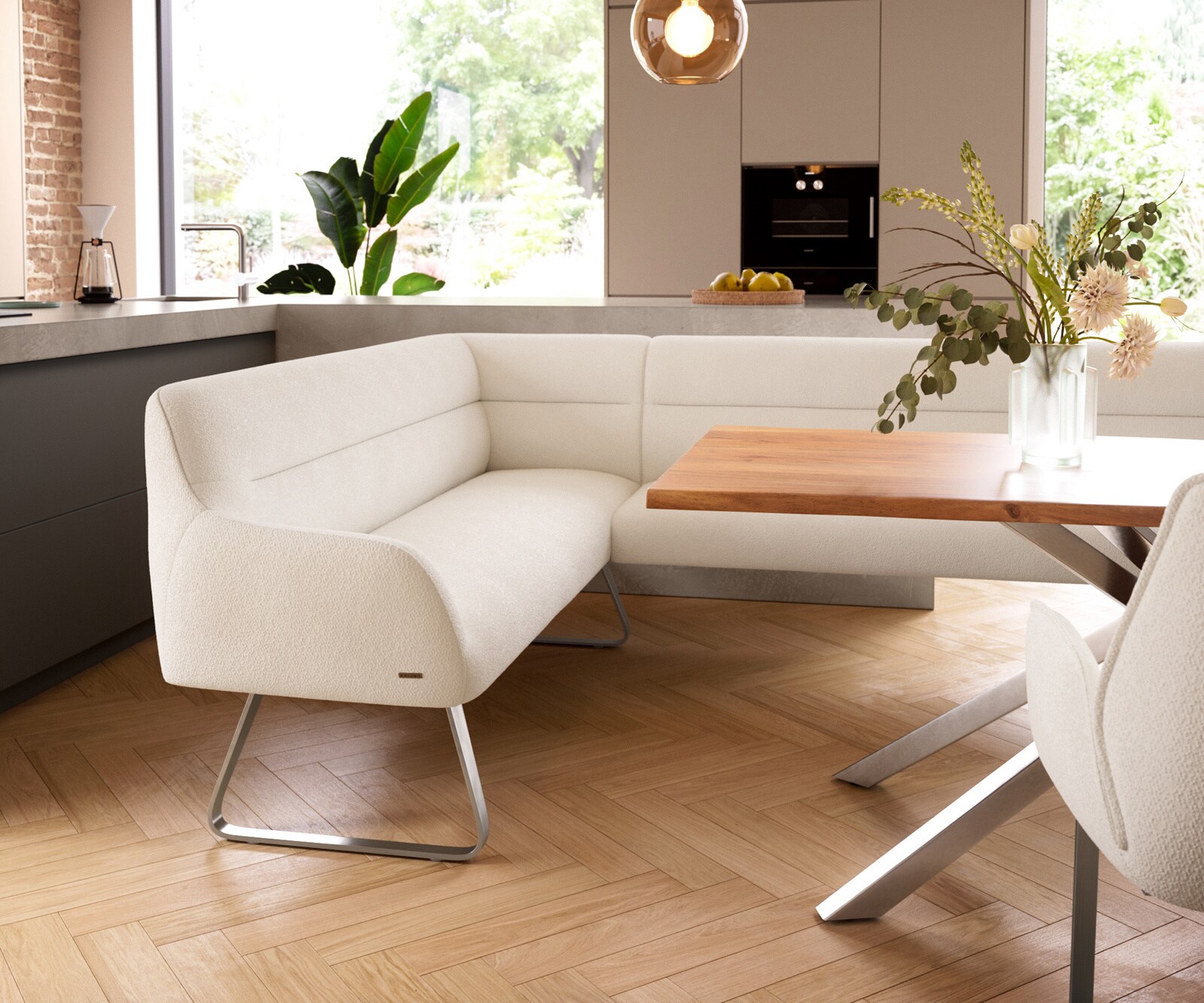 Banc-de-salle-à-manger Taya-Flex 285x190 cm bouclé crème-blanc châssis à patins plat acier inoxydable ressort ensaché à droite 5