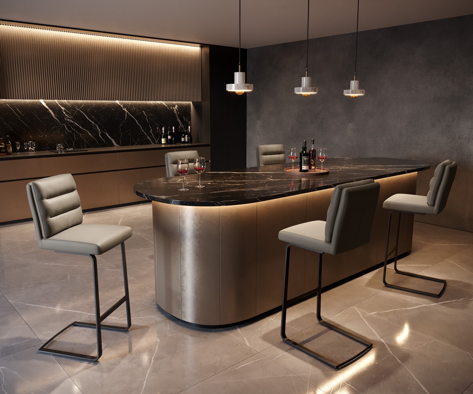 Chaise-de-bar Pela-Flex cuir véritable boue piétement luge plat métal noir ressorts ensachés 3