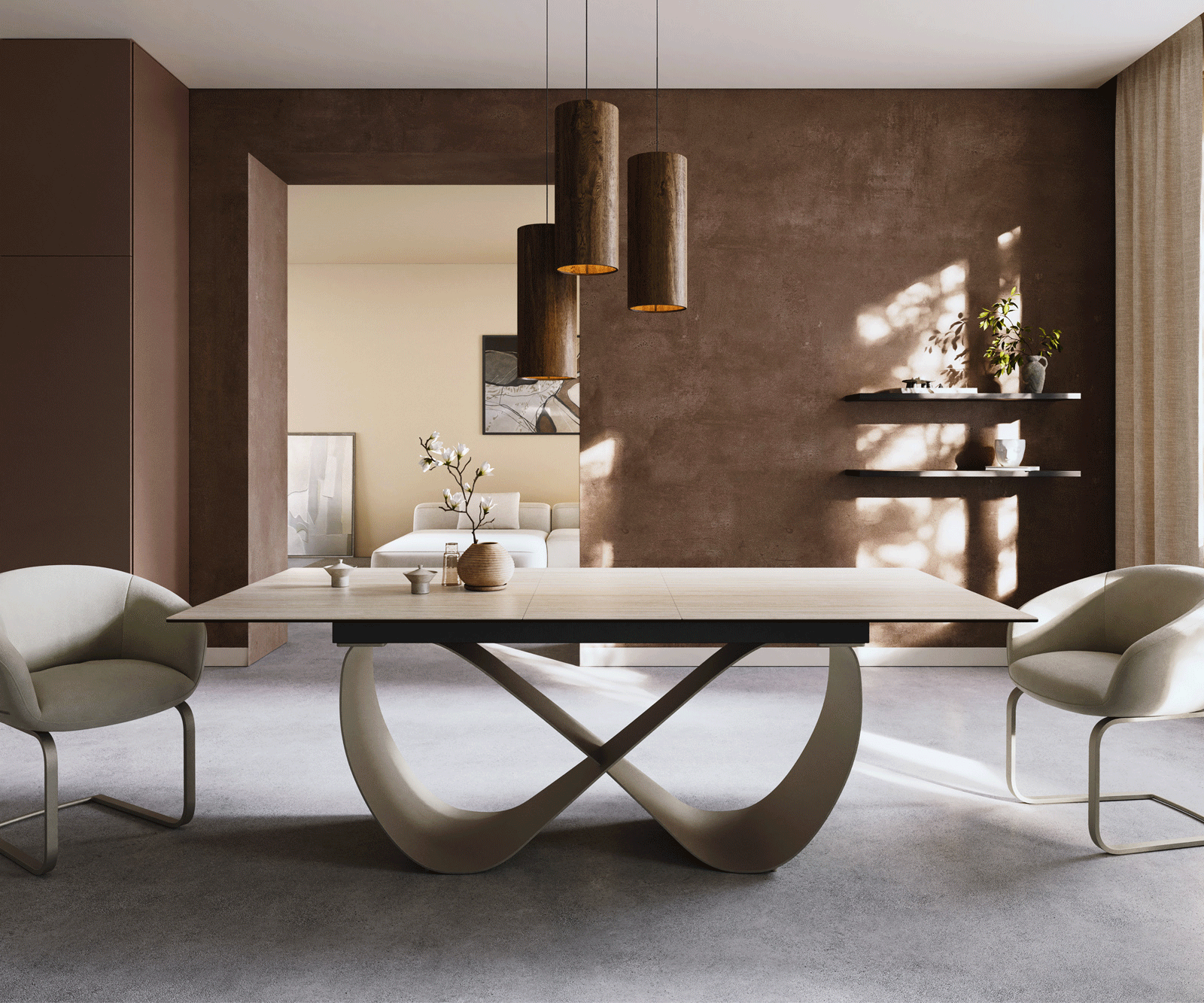 Table à manger Edge 180-220x100 céramique Laminam® Travertino Bianco crème-blanc Infinity métal effet finition titanee extensible 1