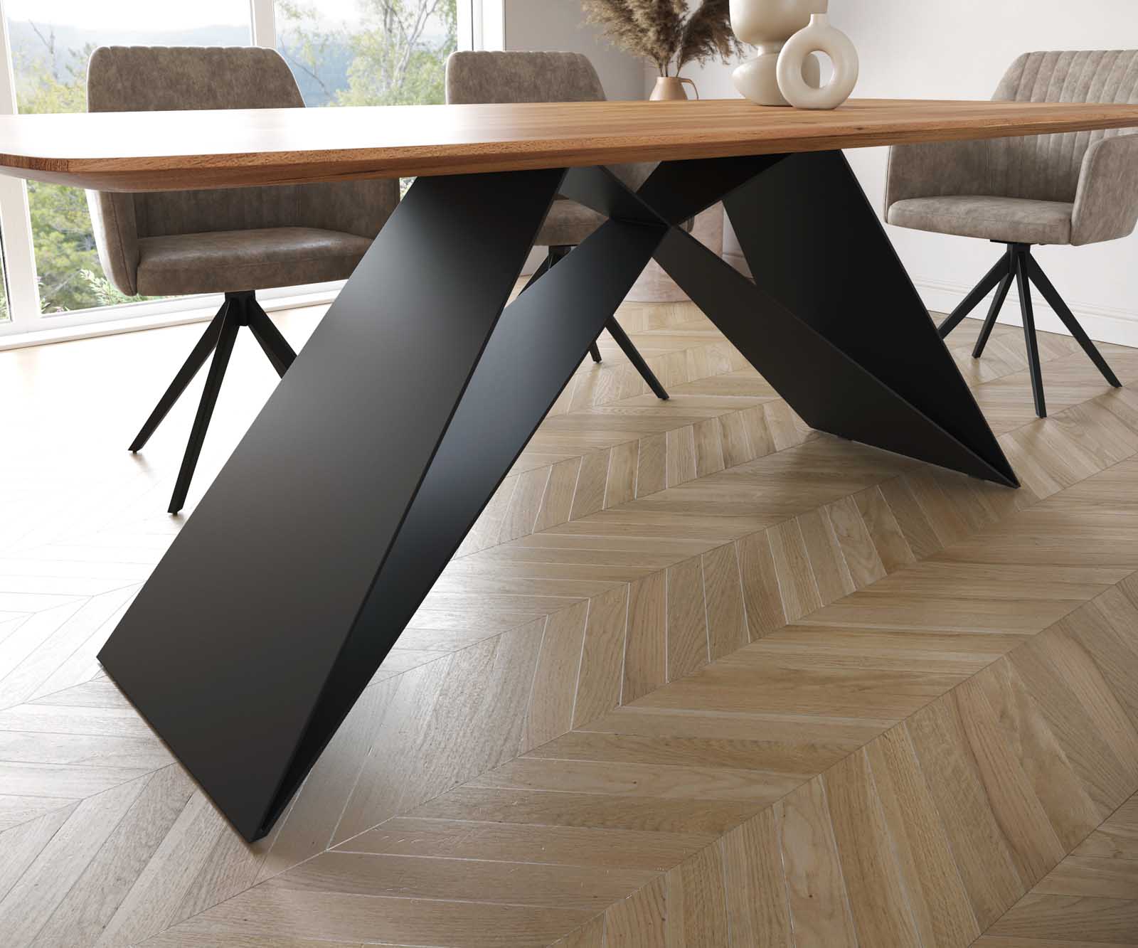 Table à manger Edge Boot 200x100 acacia nature cadre en V acier plat noir bord suisse 5