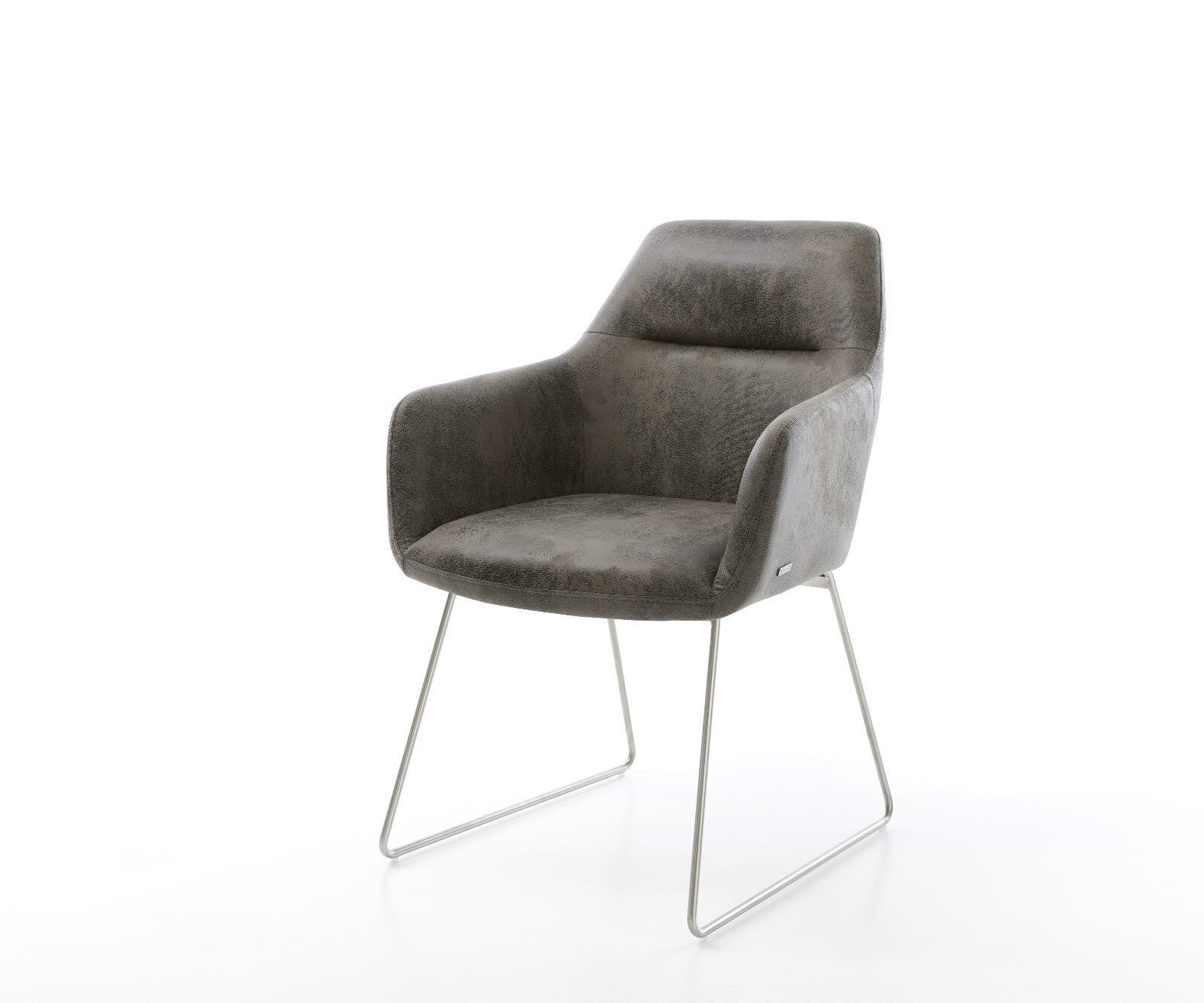 Chaise-de-salle-à-manger Pejo-Flex microvelours gris antique pied trapèze acier inoxydable brossé ressorts ensachés