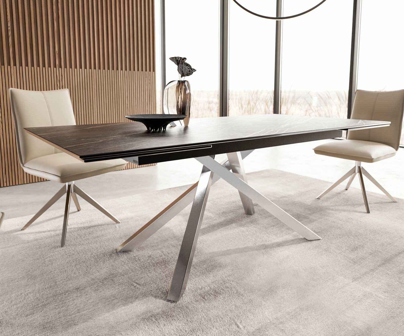 Table à manger Edge 200-300x100 céramique Laminam®Noir Desir marron cadre croisé rectangulaire acier inoxydable extensible 5