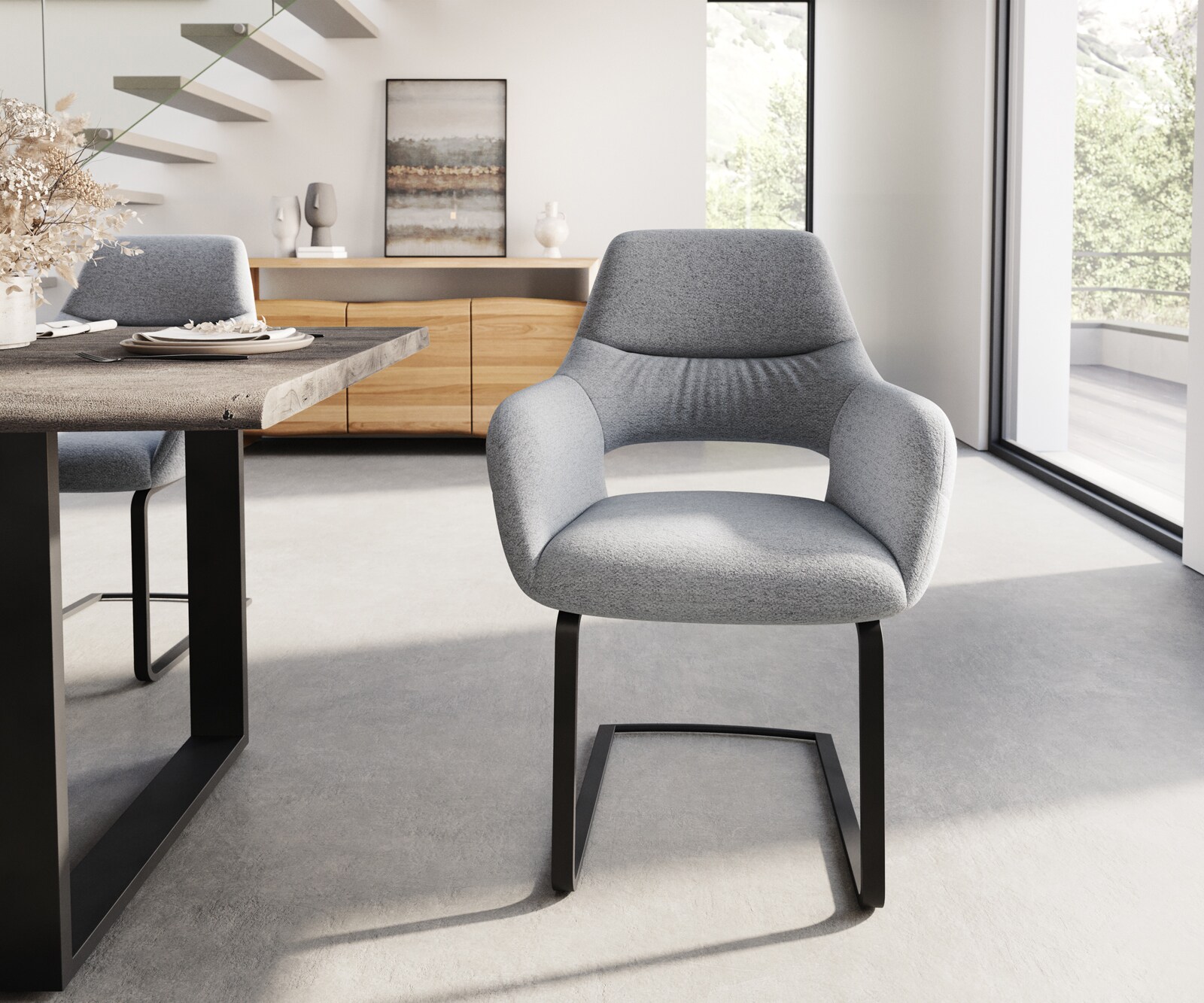 Cantilever Yago-Flex avec accoudoirs tissu texturé gris clair pied cantilever plat noir ressorts ensachés 1 Cantilever Yago-Flex avec accoudoirs tissu texturé gris clair pied cantilever plat noir ressorts ensachés 1