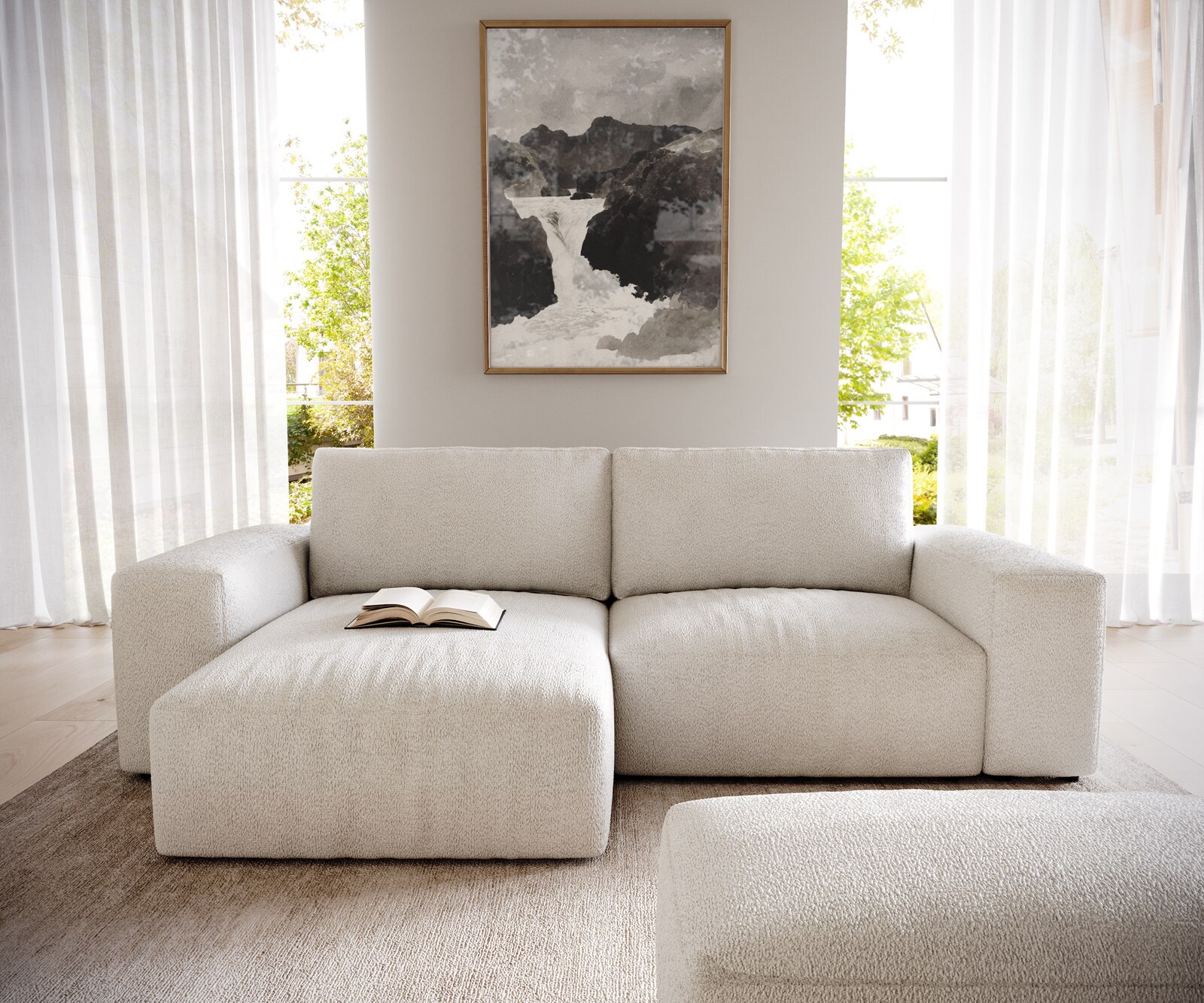 Canapé d’angle Lanzo 230x155 cm bouclé blanc crème méridienne réversible avec pouf 1