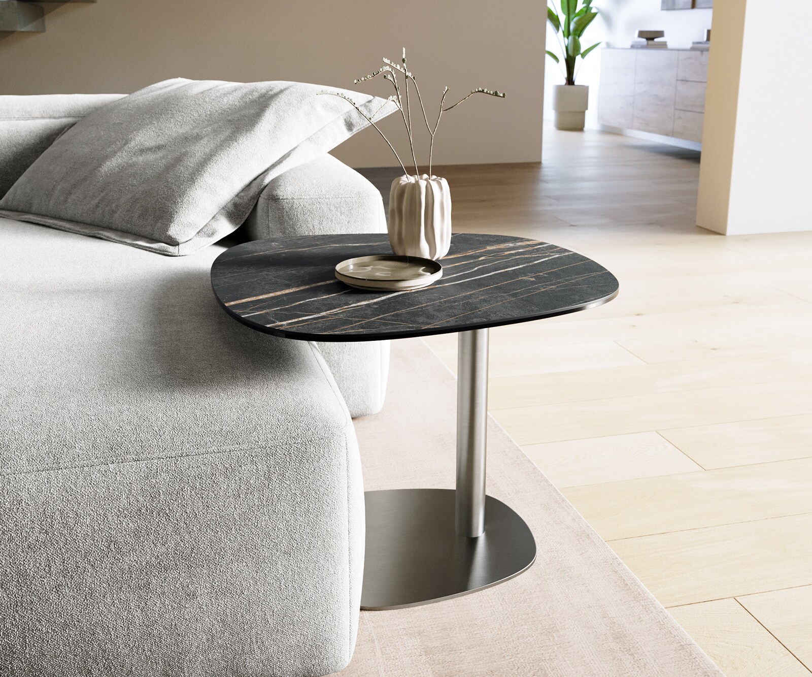table d’appoint Edge Boot 60x60 cm céramique Laminam® Noir Desir brun Eleny acier inoxydable brossé 1