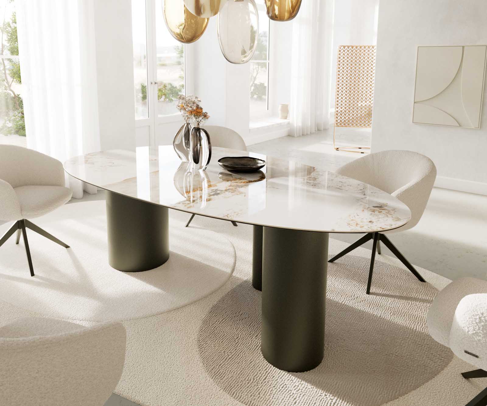 Table à manger Edge Oval 220x120 Céramique Minas Mélange Blanc-Beige Troa Métal Effet Titane 6