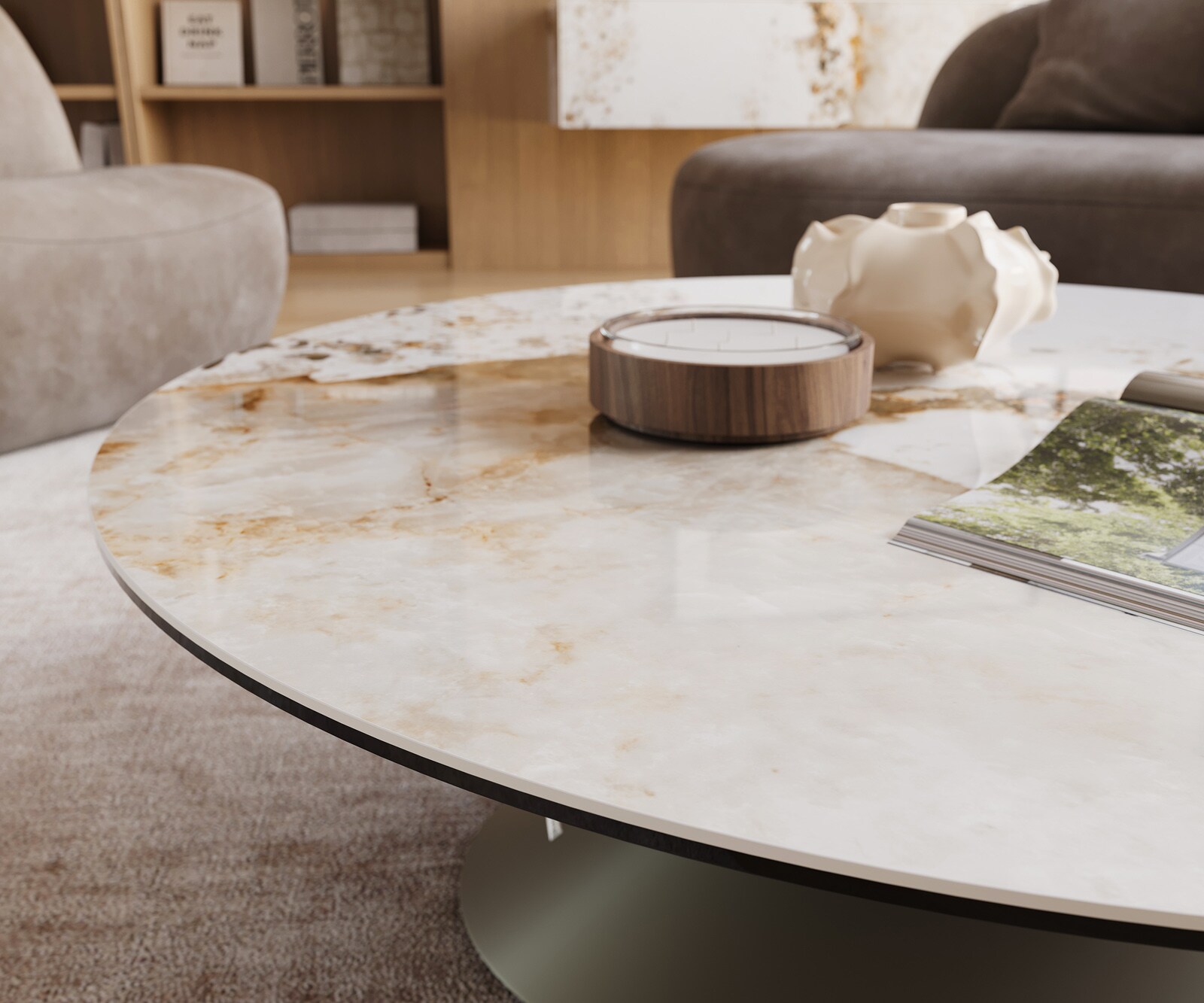 Table basse Edge rond 100x100 cm céramique Minas Melange Conis Metall finition effet titane 6