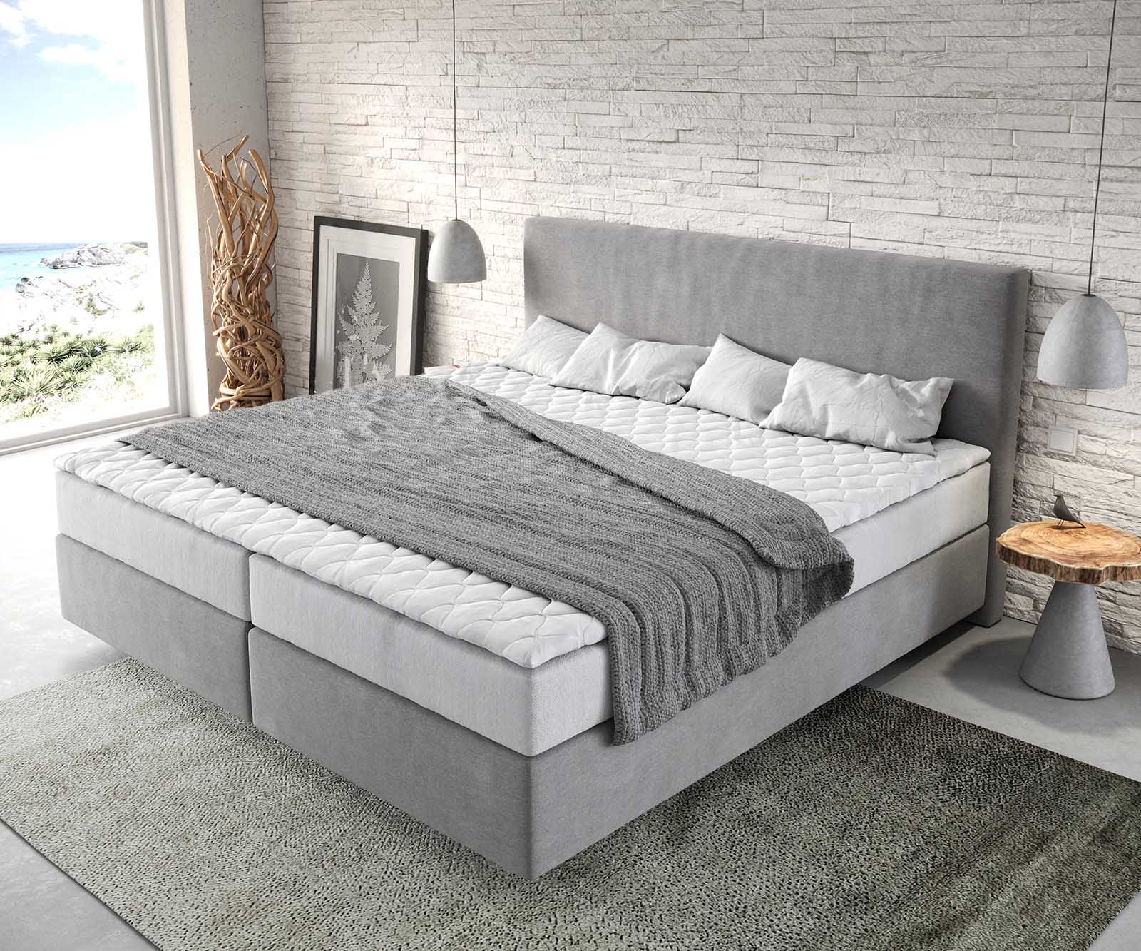 Lit à sommier tapissier Dream-Well Microfibre Gris 200x200 cm avec matelas à ressorts ensachés et topper Visco 3