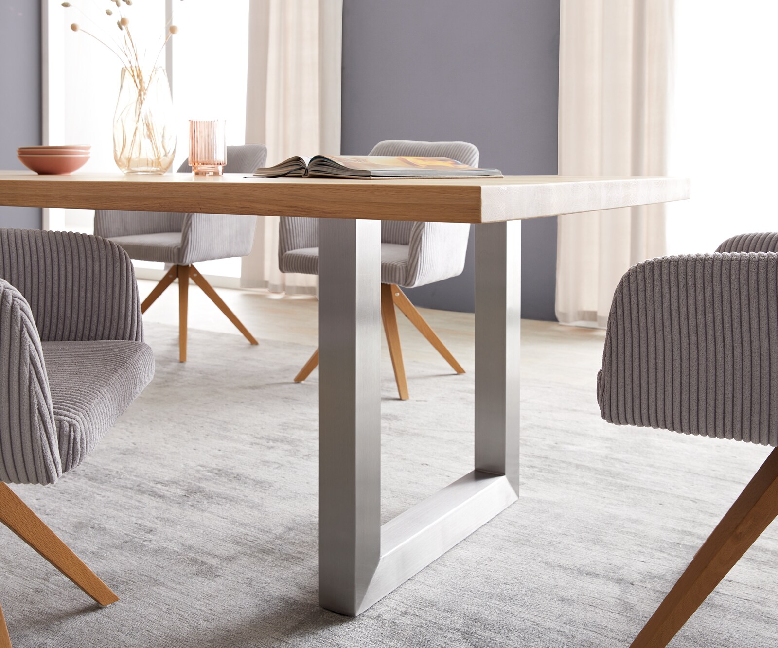 Table à manger Edge 300x100 chêne nature acier inoxydable large 5