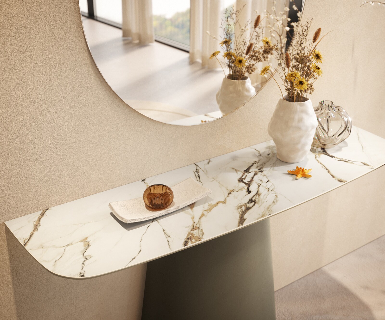 Console Edge forme bateau 140x40 cm Céramique Calacatta Luxe Weiß-Gold-Gris Conos Métal Effektfinish Titan 6