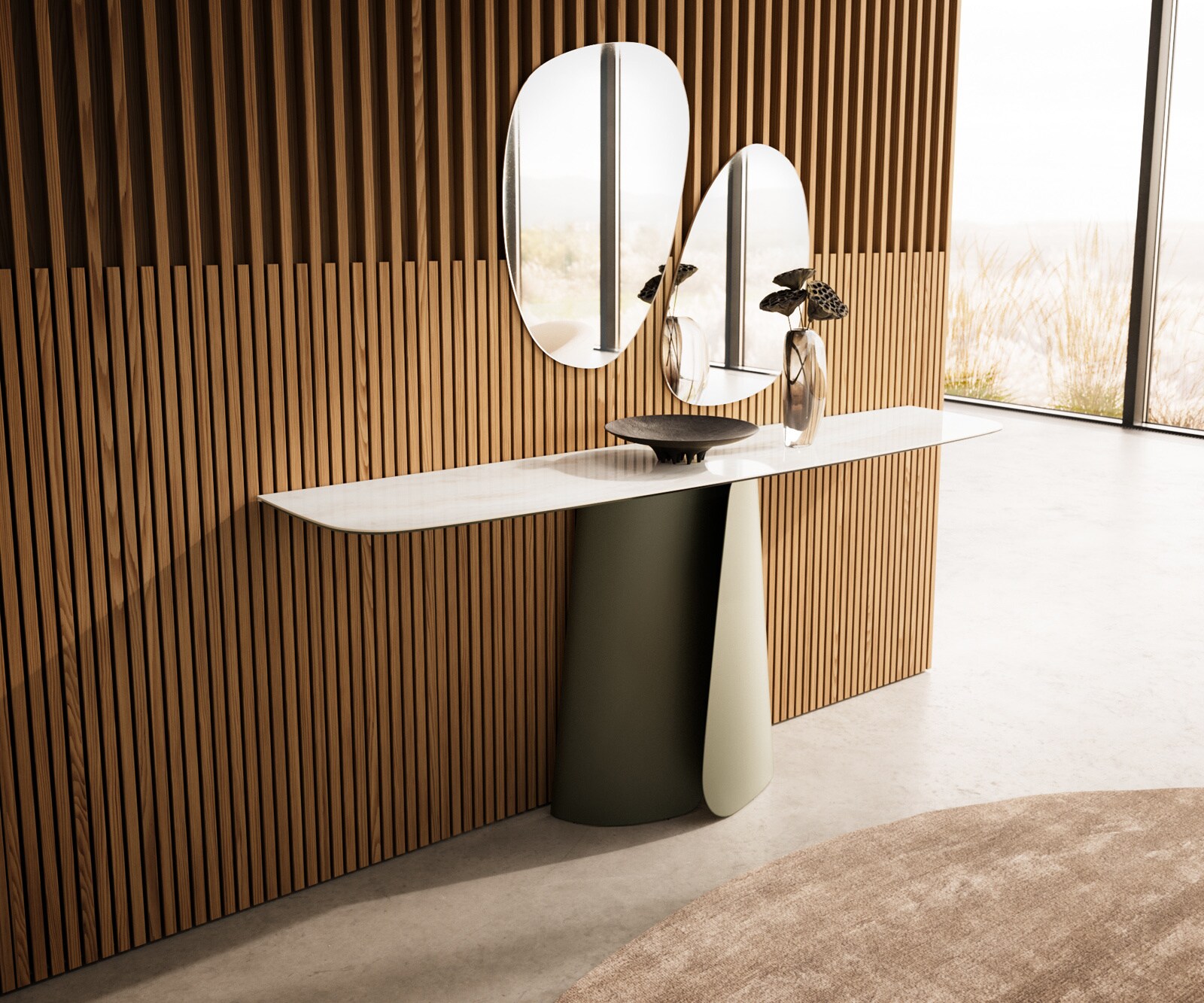 Console Edge forme bateau 180x40 cm Céramique Onyx Champagne Livos Métal Effektfinish Titan 4