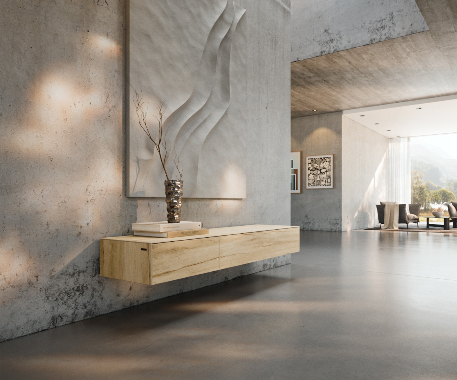 Meuble-TV Cuor 150 cm Céramique Laminam® Sabbia Teinte chêne 1 Clapet 1 Tiroir Flottant