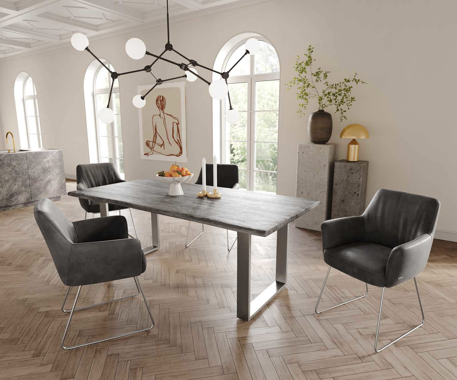 Chaise-de-salle-à-manger Xana-Flex avec accoudoirs microvelours anthracite vintage pied trapèze acier inoxydable brossé ressorts ensachés 4