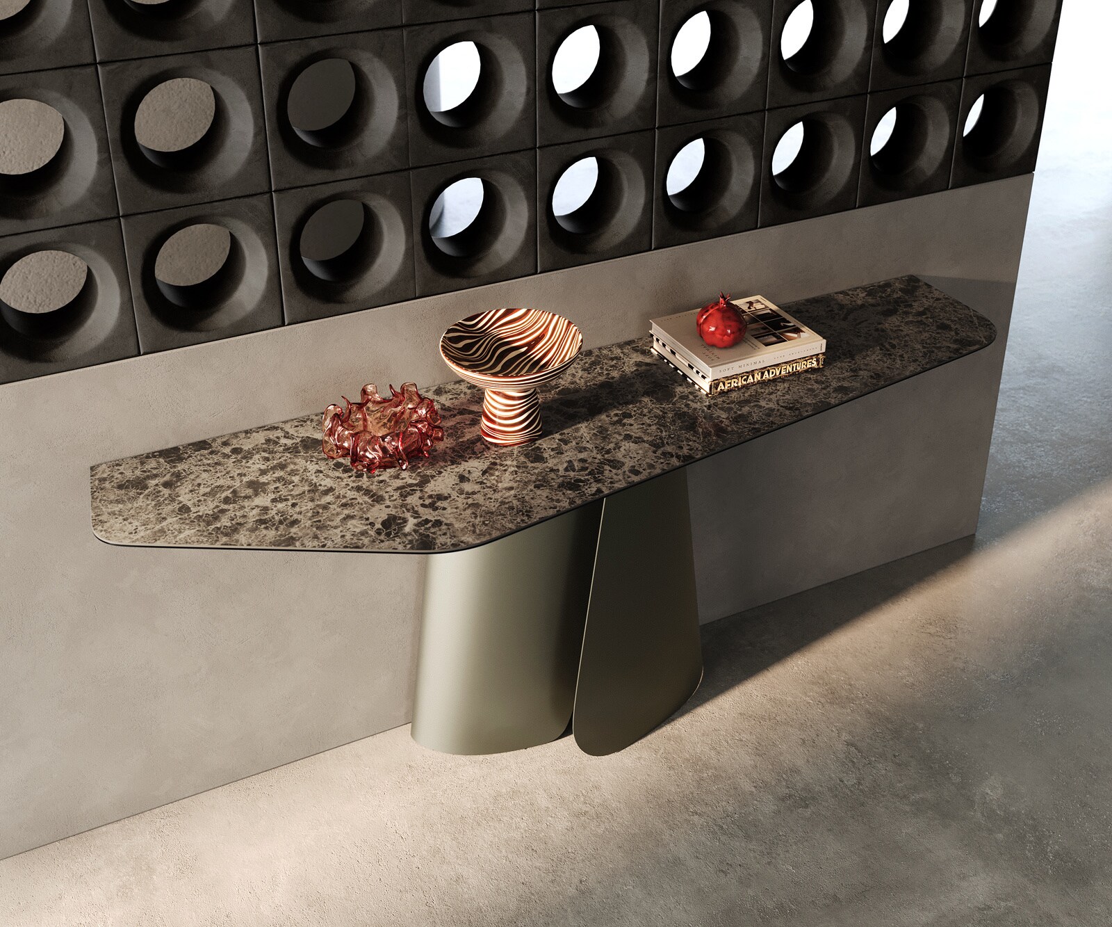 Console Edge Polygonal 180x50 cm Céramique Emperador Extra Lucidato Dunkelbraun Livos Métal Effektfinish Titan 2