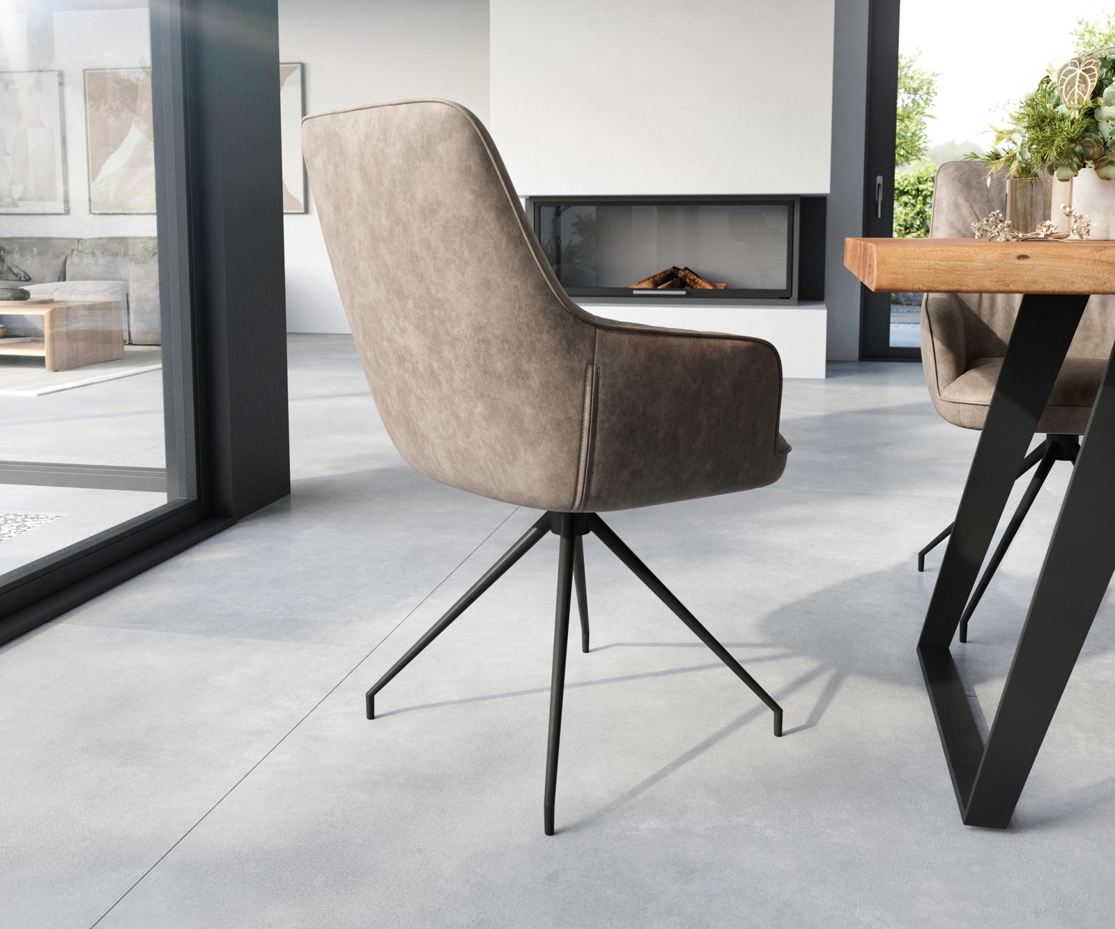 Chaise-de-salle-à-manger Zelia-Flex avec accoudoirs microvelours taupe vintage pied croisé conique noir ressorts ensachés 4 Chaise-de-salle-à-manger Zelia-Flex avec accoudoirs microvelours taupe vintage pied croisé conique noir ressorts ensachés 4