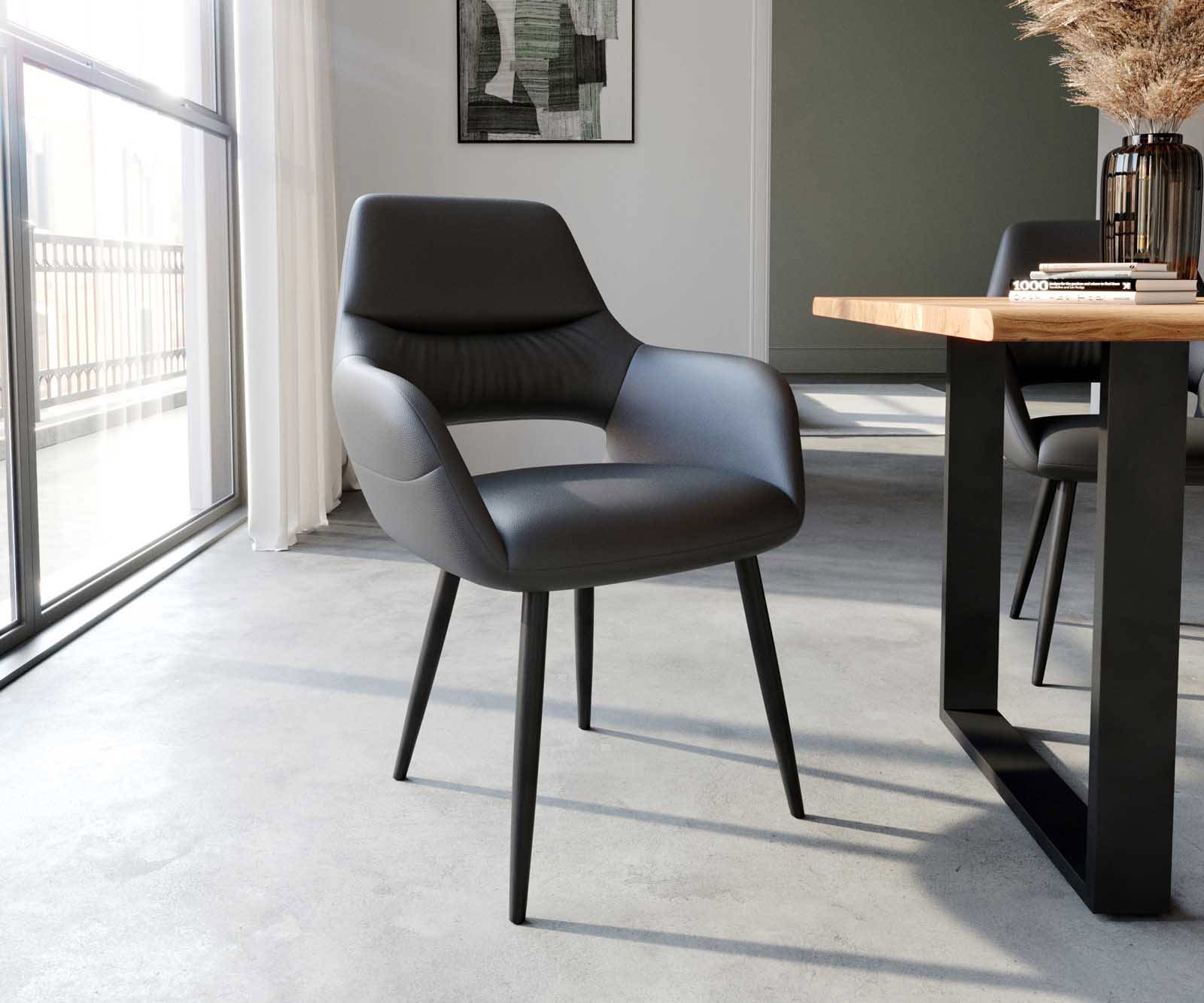 Chaise-de-salle-à-manger Yago-Flex avec accoudoirs cuir de vache noir 4 pieds coniques noir ressorts ensachés