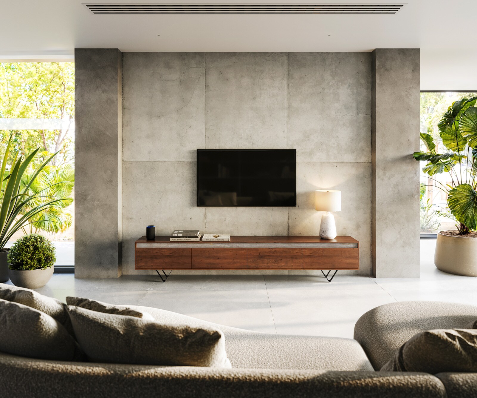 Meuble-TV Stonegrace 240 cm acacia marron ardoise 4 portes pied en V noir 1