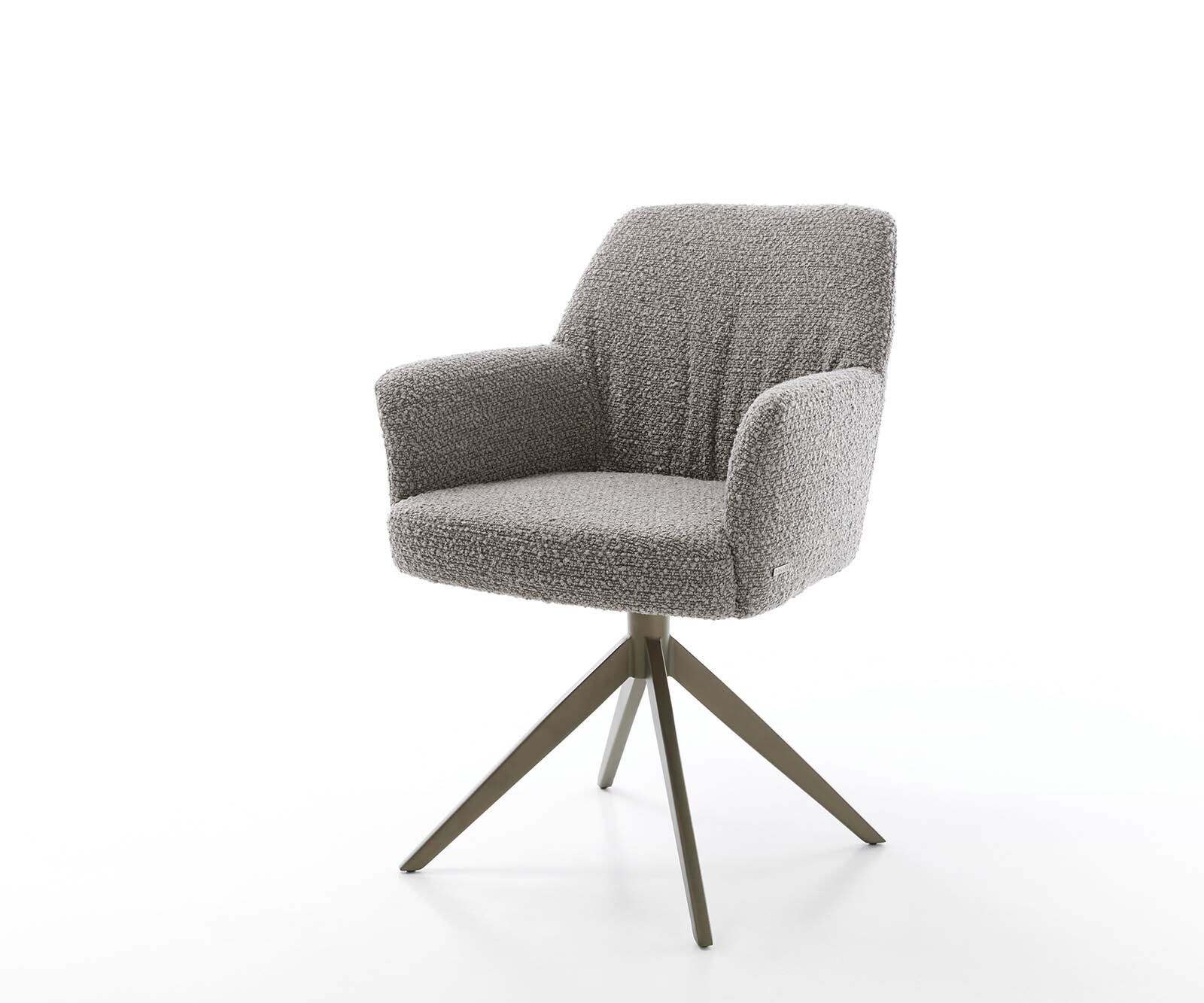 Chaise-pivotante Xana-Flex avec accoudoirs bouclé gris argenté pied croisé large aspect titane pivotement sur 360° ressorts ensachés