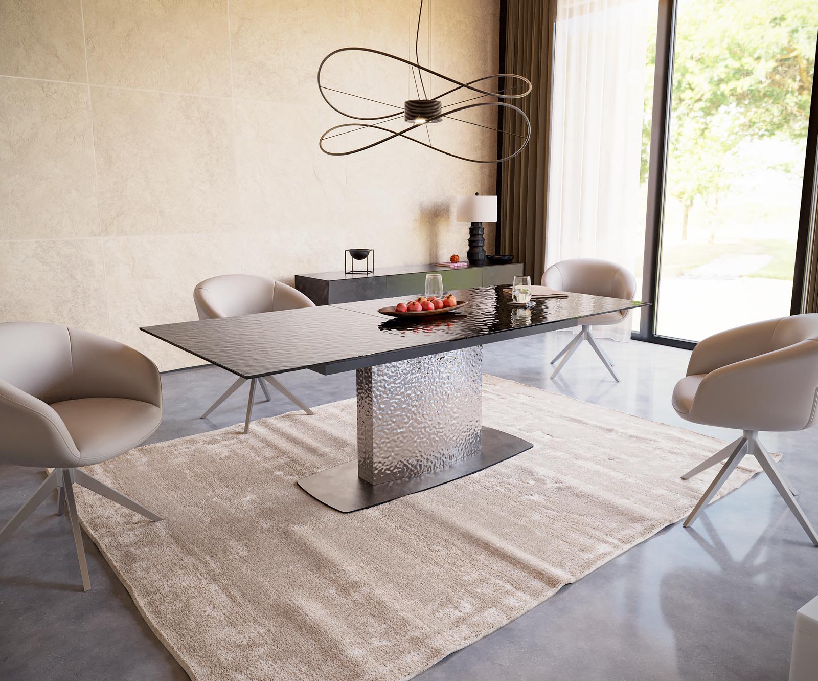 Table à manger Edge 180-220x100 verre fondu noir fumé relief en 3D Wave acier inoxydable extensible 6