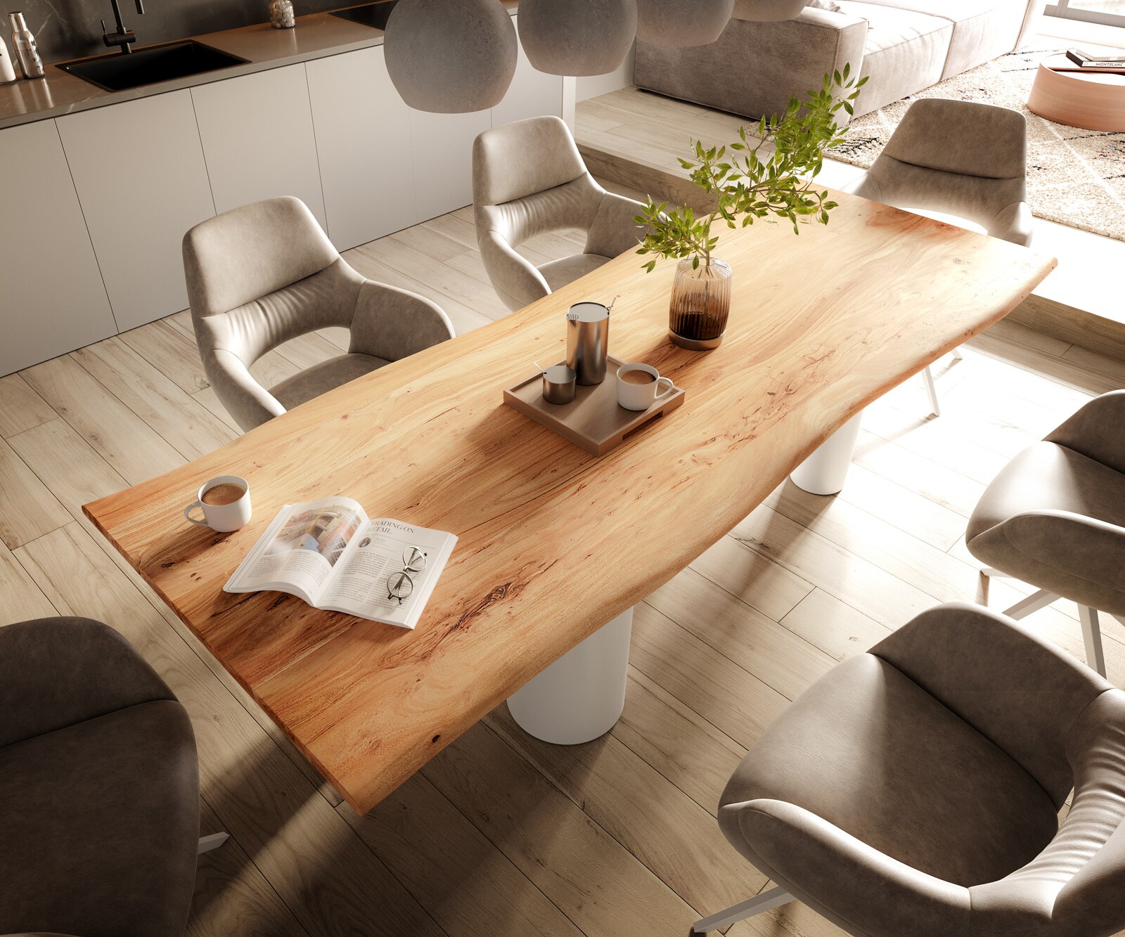 Table à manger Edge 260x100 Acacia Nature Pilier Métal Blanc Live-Edge 4